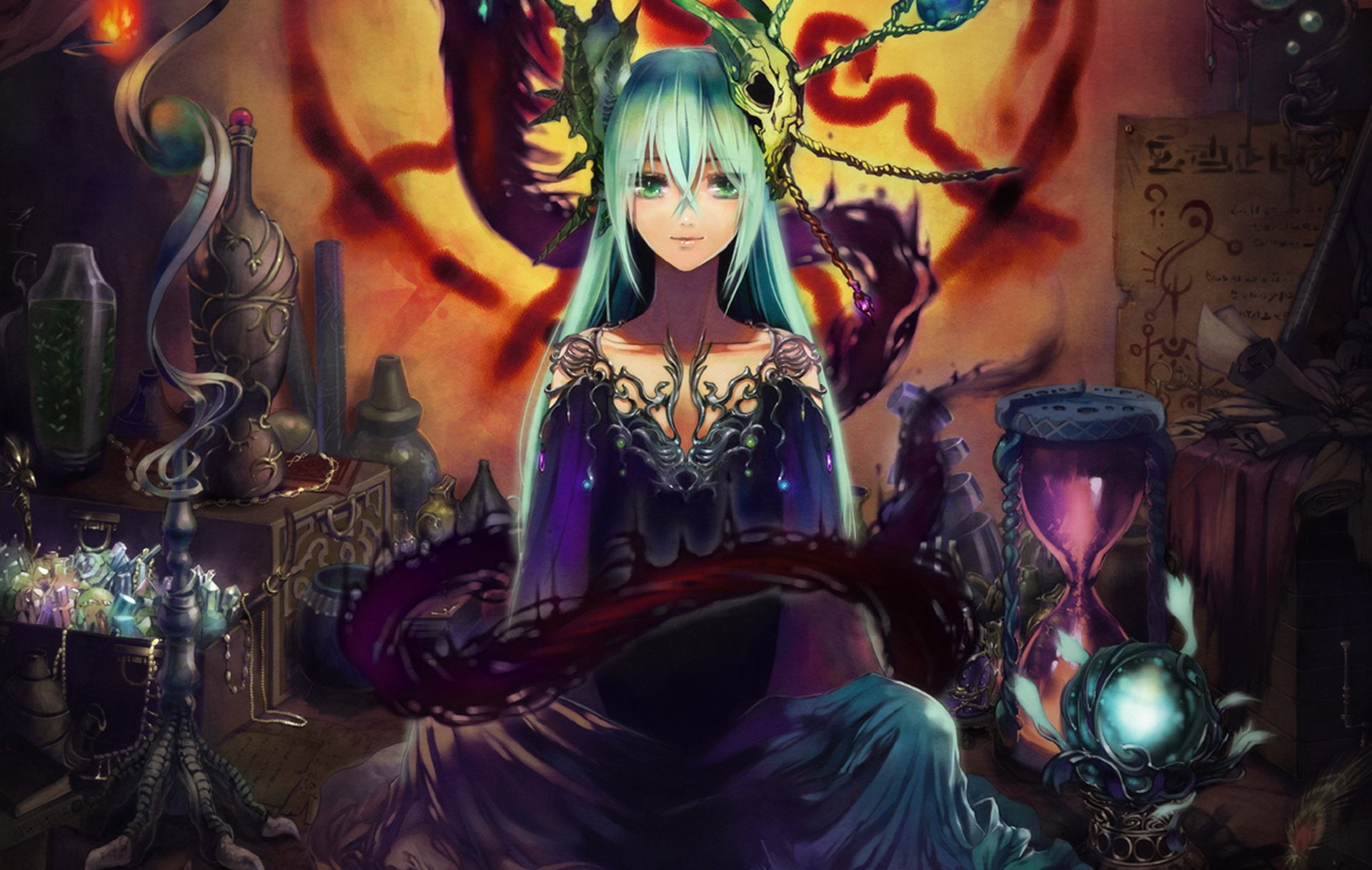 illuminated, indoors, festival, Hourglass, spirituality, female likeness, Skull, sculpture, close-up, Anime, no people, Magic, amusement park, representation, HD Wallpaper