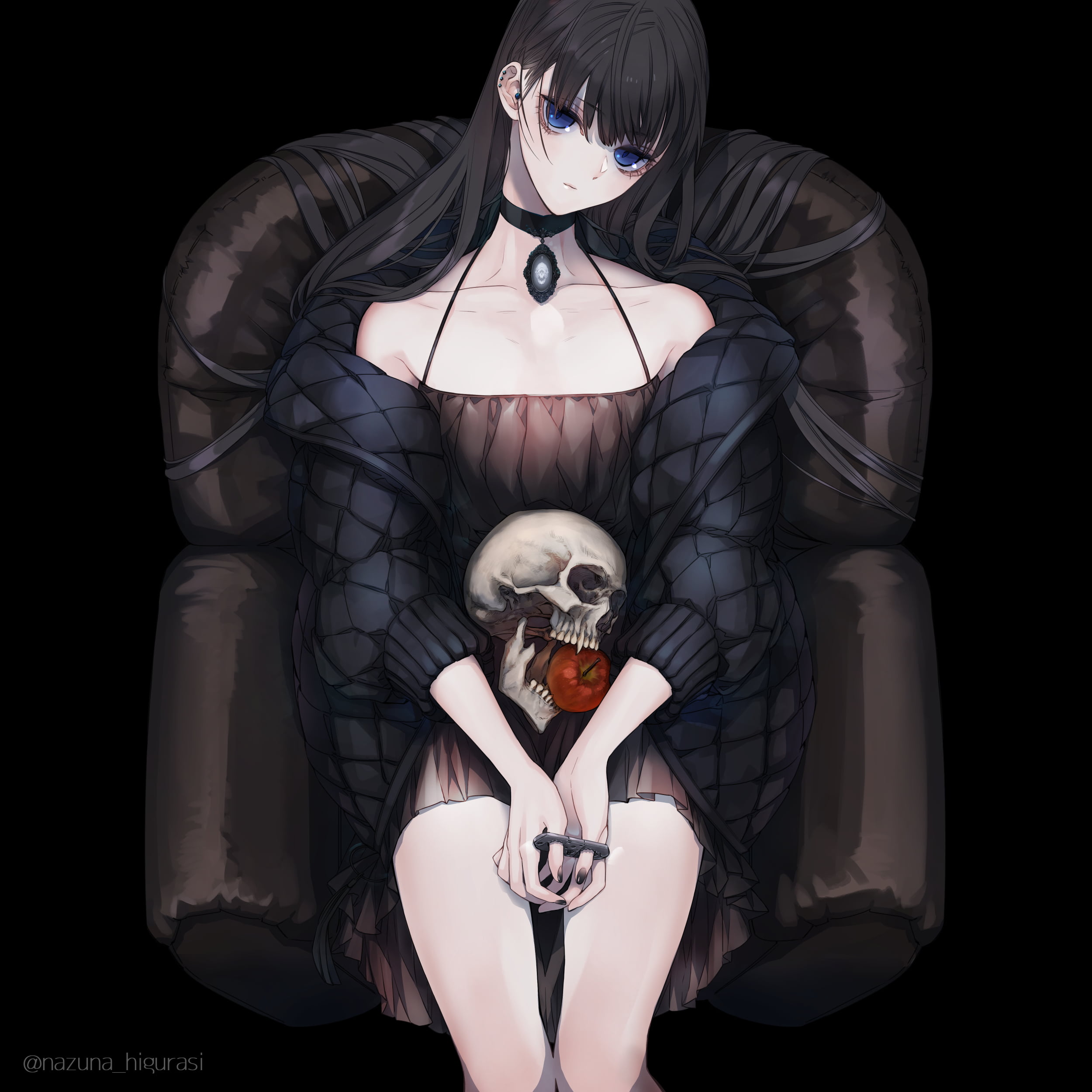 apples, long hair, Higurashi 77, black hair, vampire (anime), vampires, anime girls, anime, simple background, skull, dark hair, 1080P, original characters, Phone HD Wallpaper