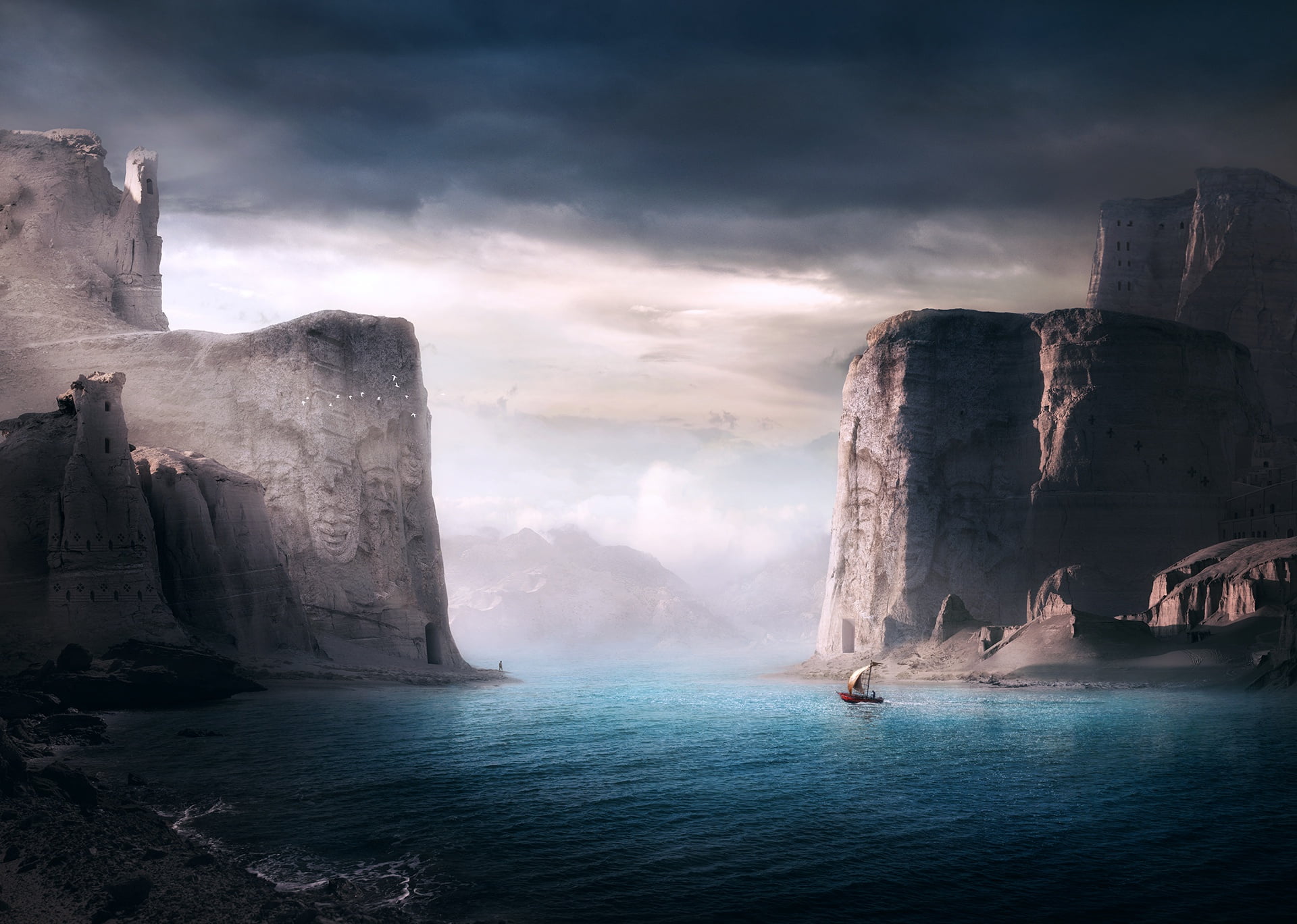 rocks, shore, Sherry Akrami, boat, 1080P, HD Wallpaper