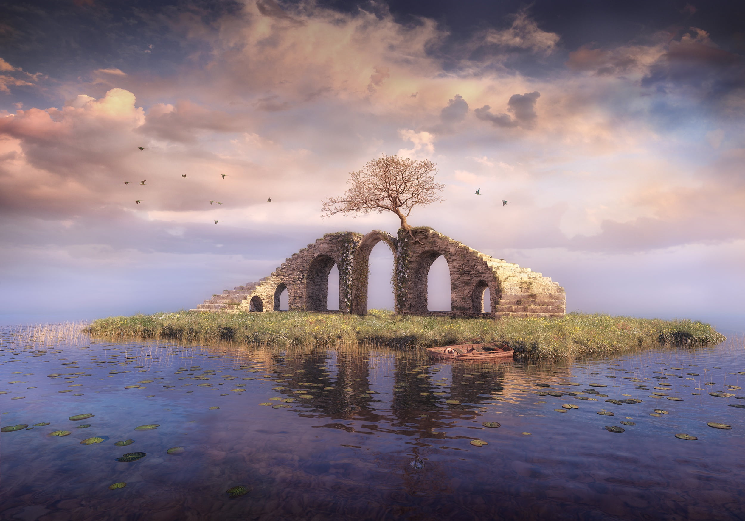 1080P, boat, tree, birds, ladder, stairs, Sherry Akrami, clouds, island, HD Wallpaper