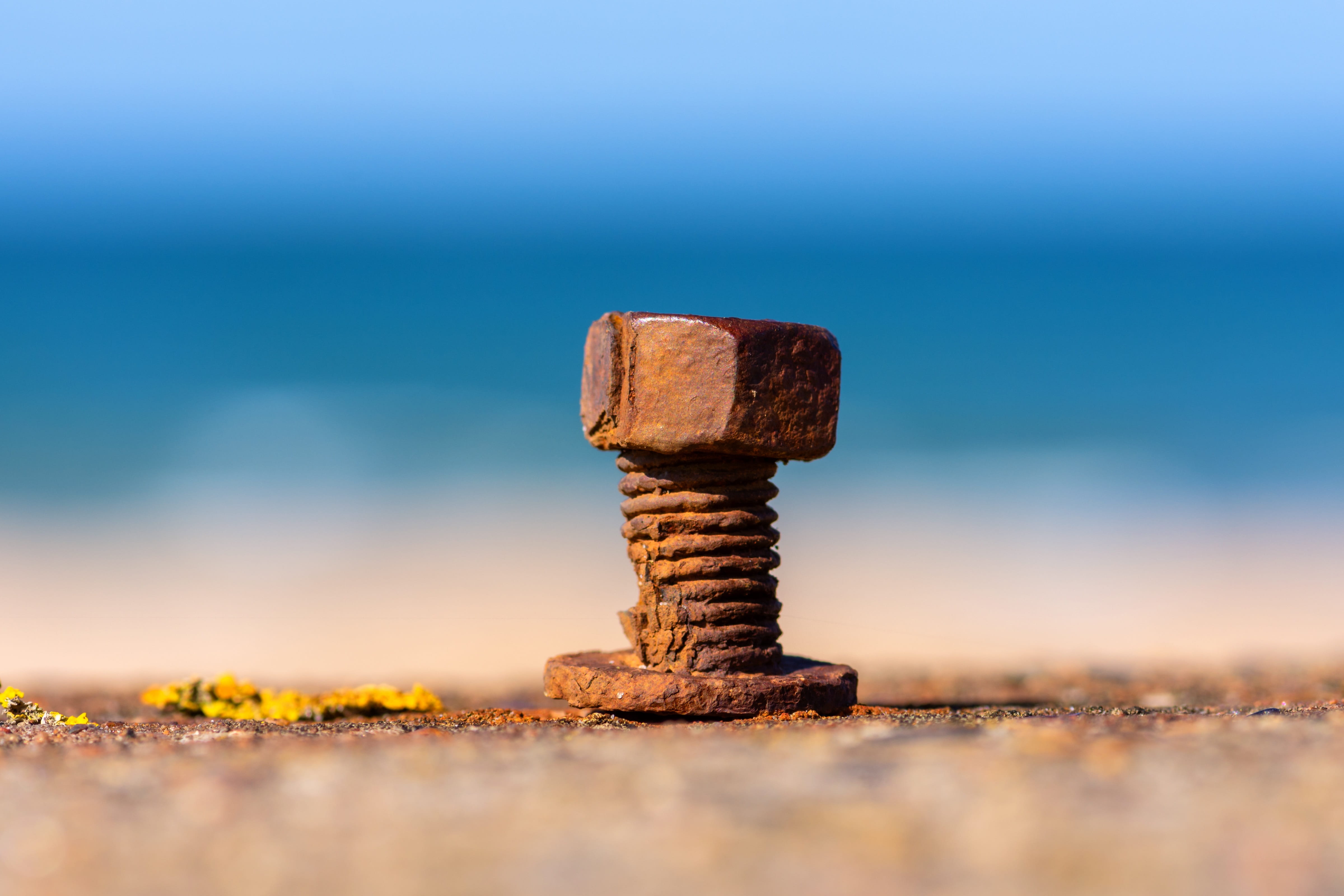 technology, hexagon nut, still life, screw, close-up, gland, wall, day, blue, iron, connection, nature, thread, textured, balance, outdoors, brown, land, HD Wallpaper