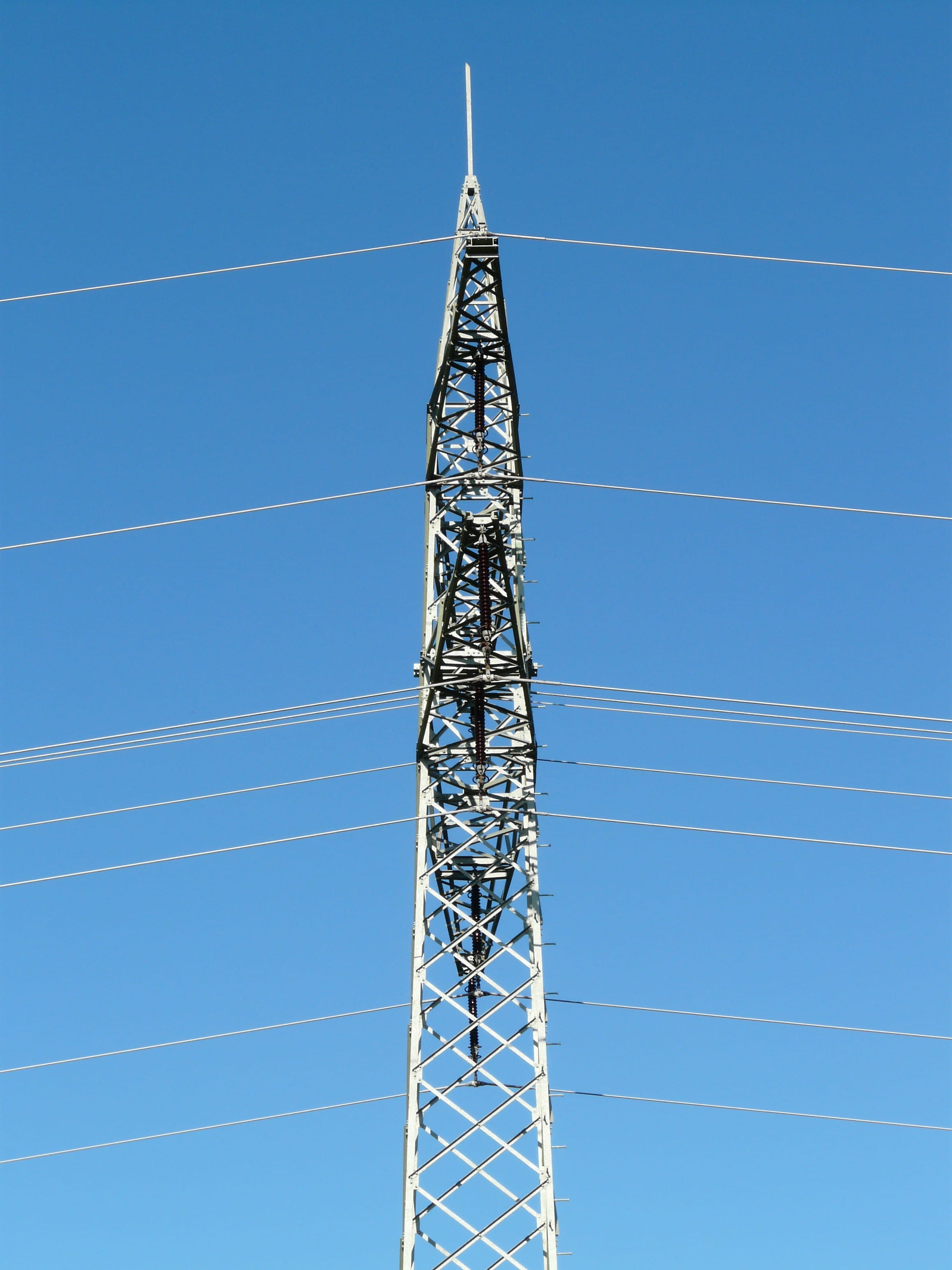 low angle view, metal, current, electricity, strommast, 2K, architecture, iron, Pylon, scaffold, fuel and power generation, outdoors, cable, gland, blue, Phone HD Wallpaper