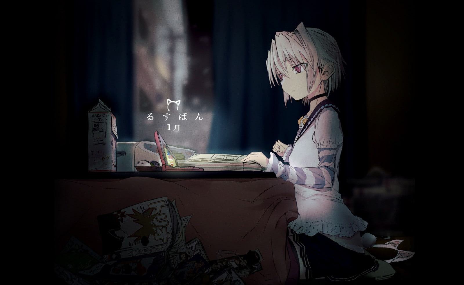 books, original characters, 720P, night, anime girls, table, HD Wallpaper