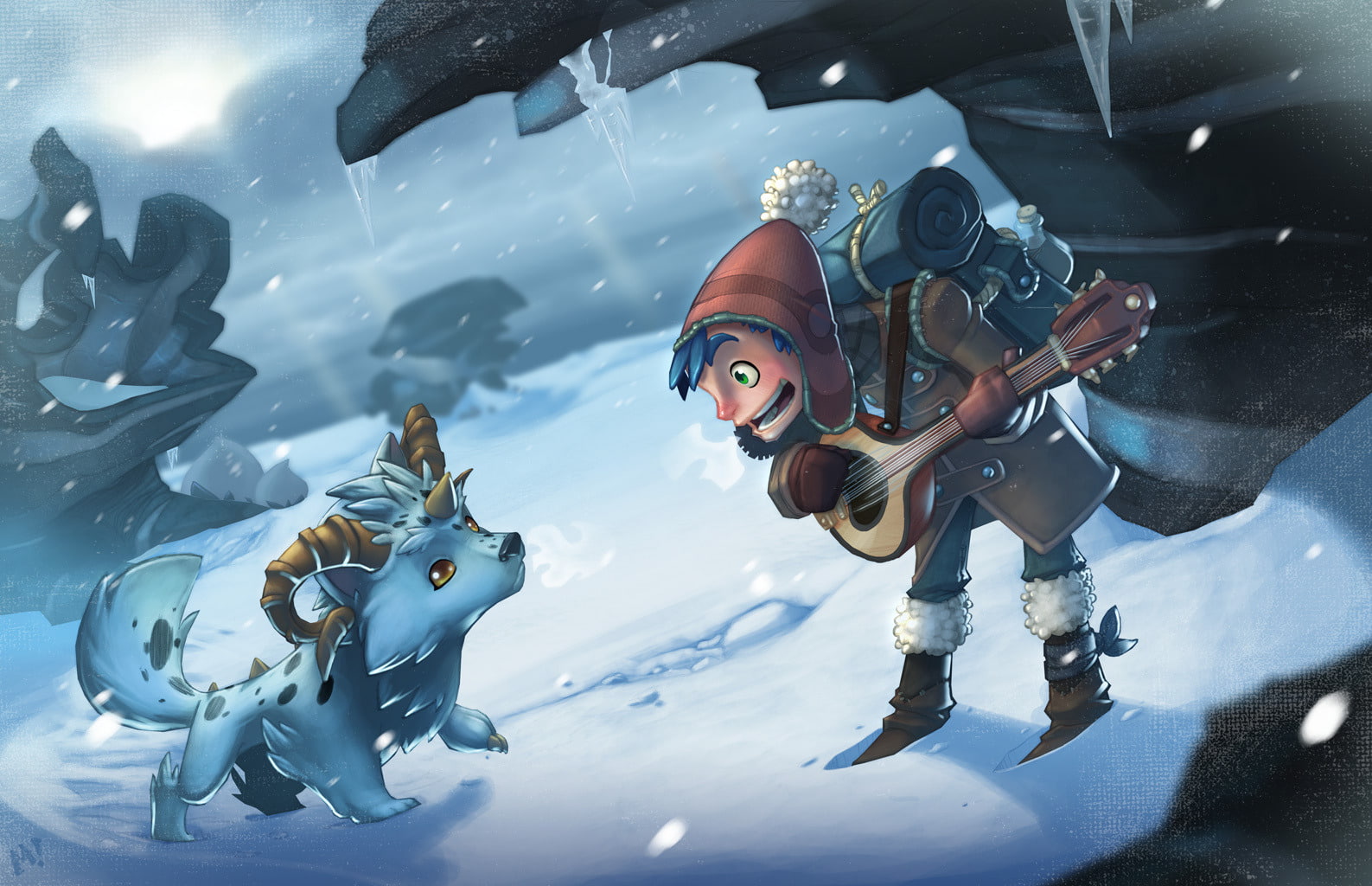 hat, winter, boy, 720P, backpack, snow, Blizzard, animal, brancale, Horny, icicles, HD Wallpaper