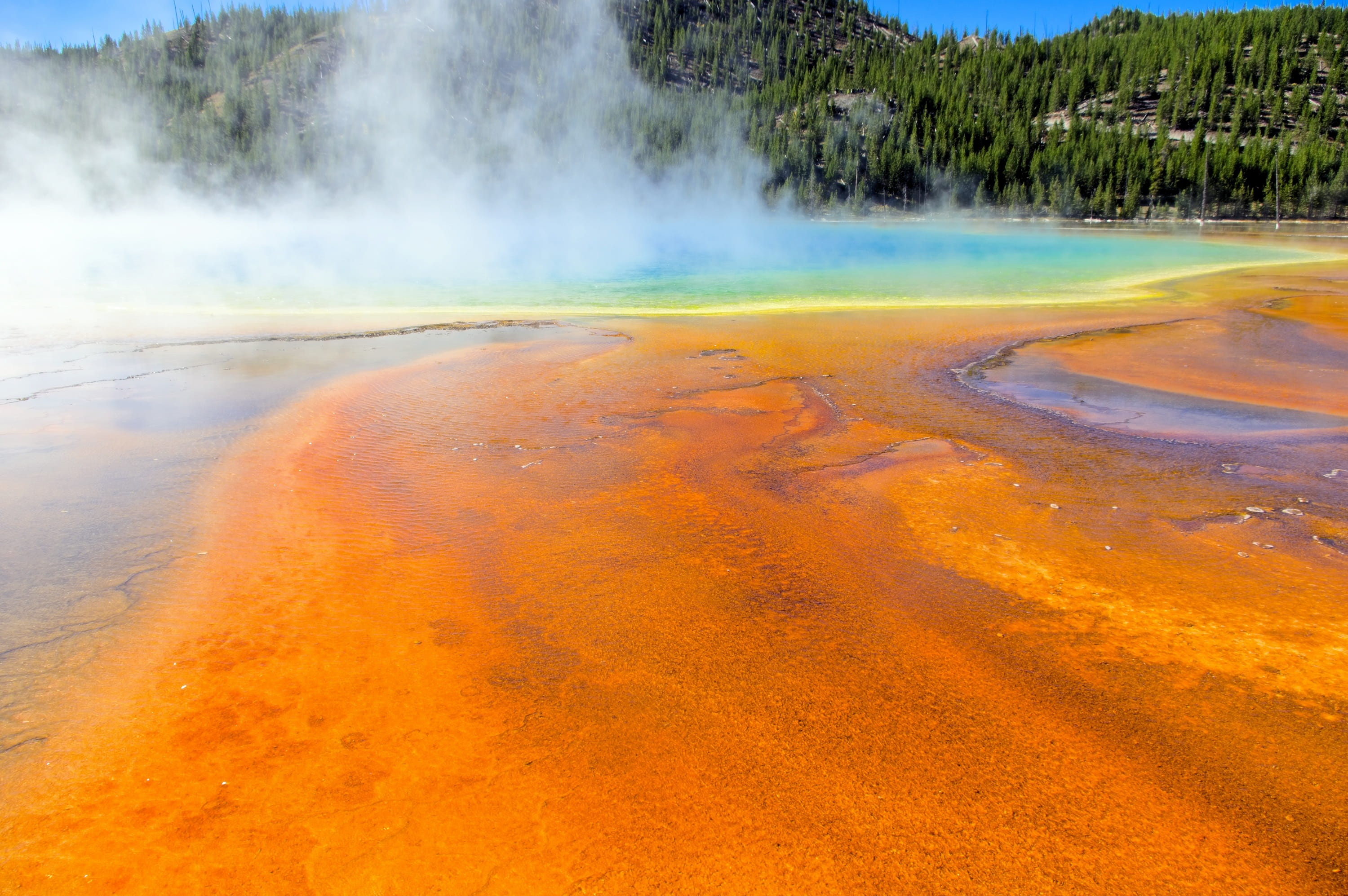 physical geography, hot, volcanic, minerals, orange bacterial mats, park, smoke - physical structure, geothermal, steam, scenic, blue, spring, scenics - nature, HD Wallpaper