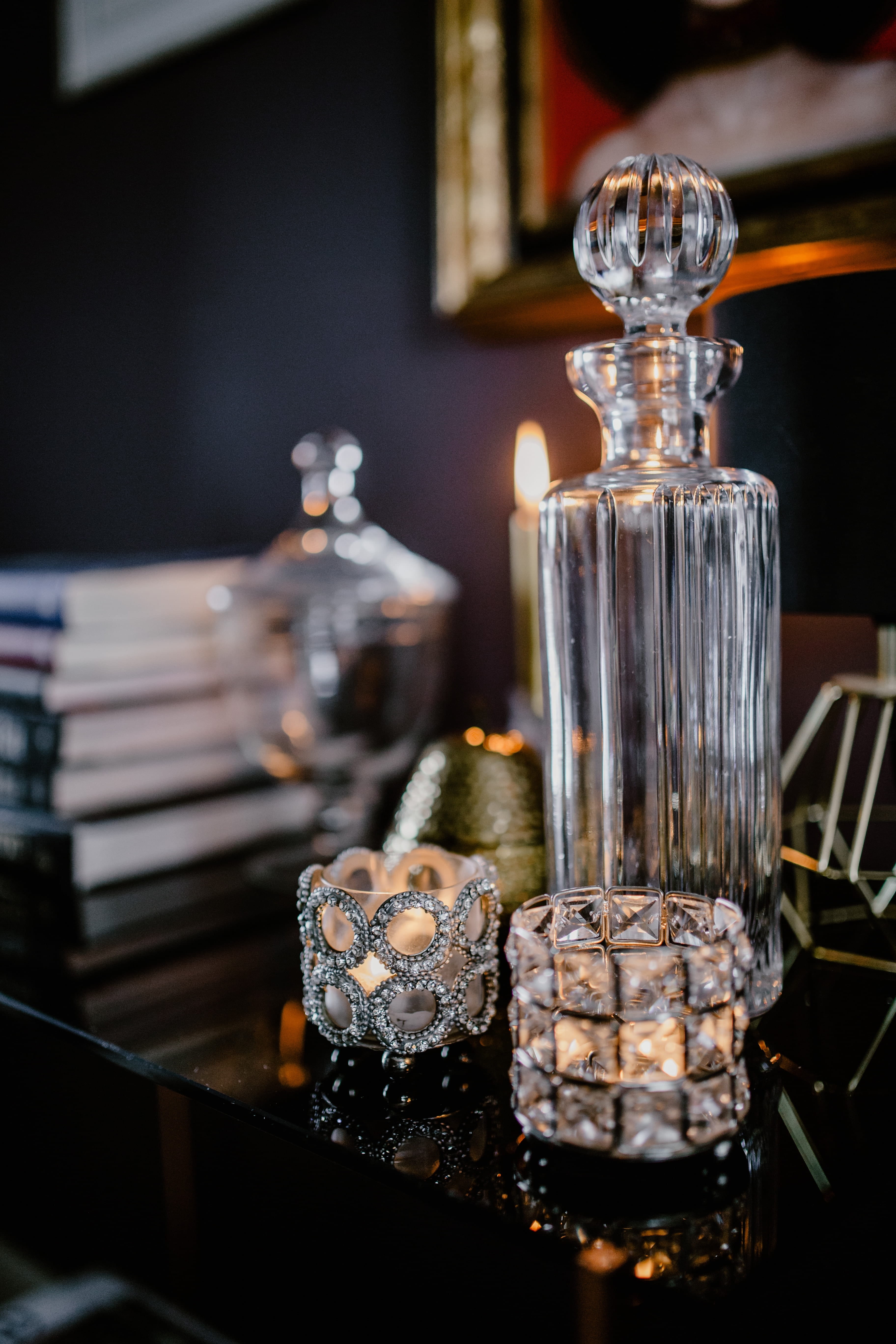 drink, decor, wealth, freshness, decanter, still life, interior, home, wall, books, magazines, selective focus, cosy, warm, glass - material, glamour, 5K, Phone HD Wallpaper