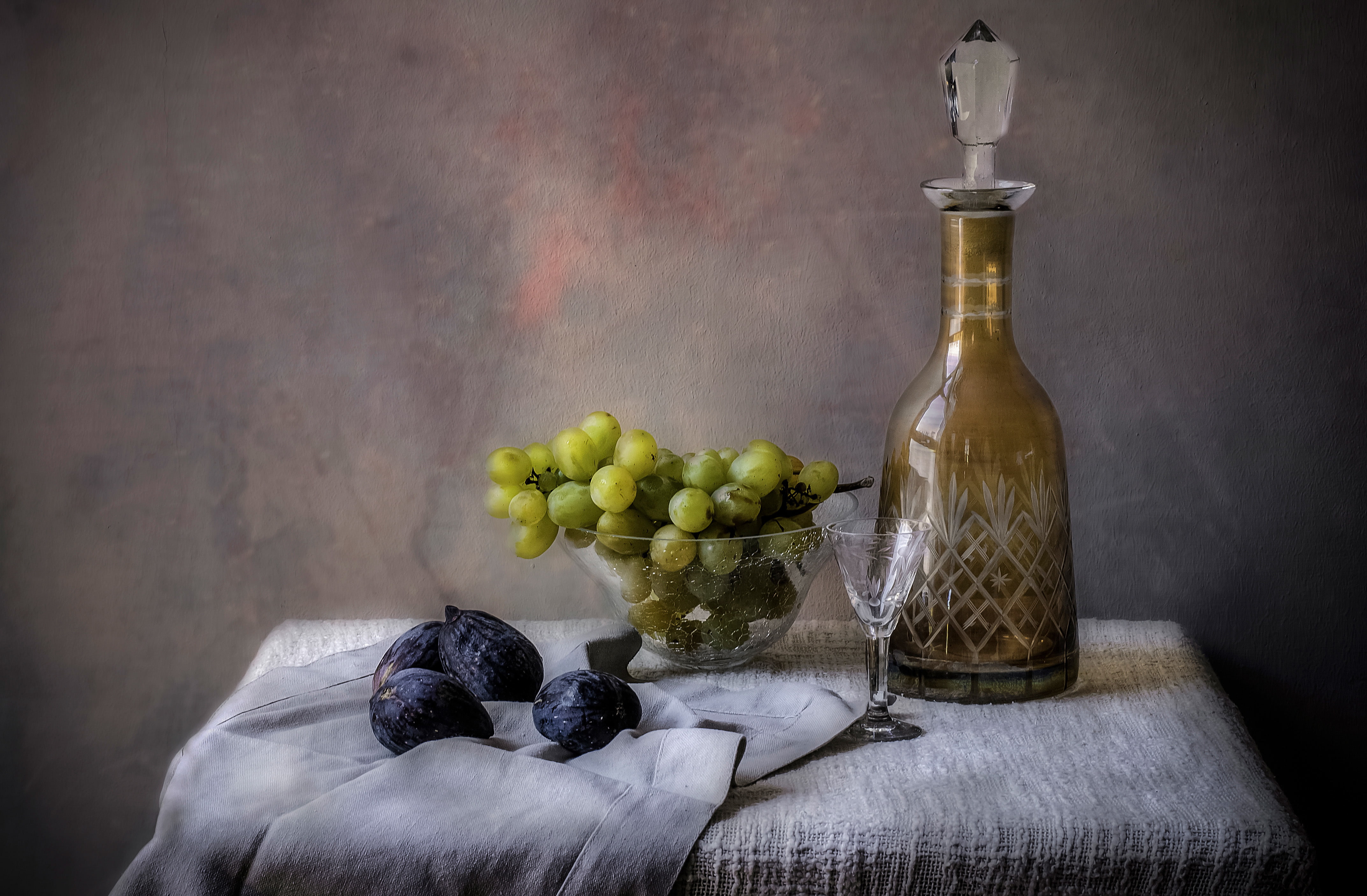 still life, vase, figs, decanter, glass, grapes, 4K, HD Wallpaper
