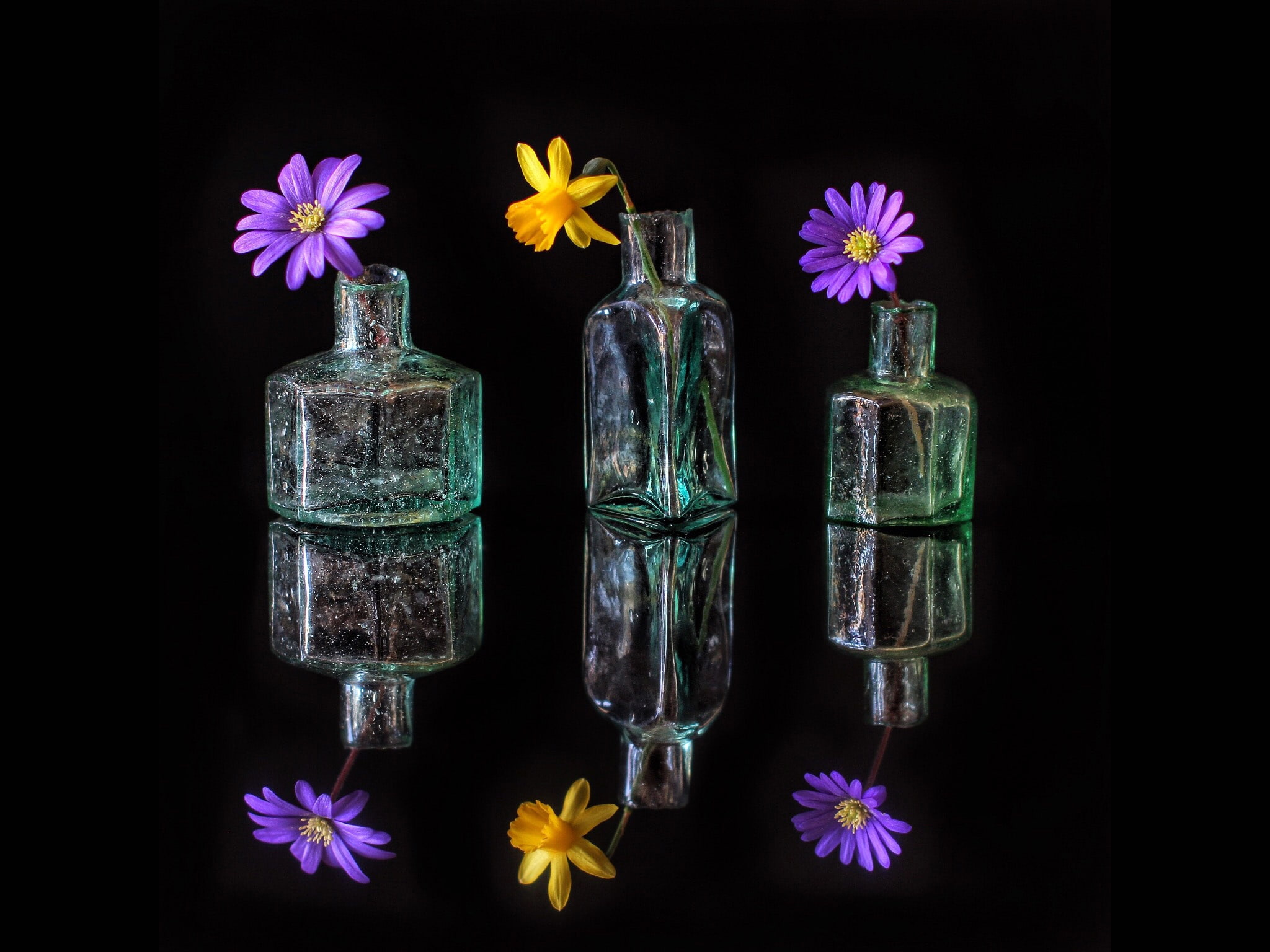 decanter, 1080P, flowers, glass, petals, bottle, reflection, still life, HD Wallpaper