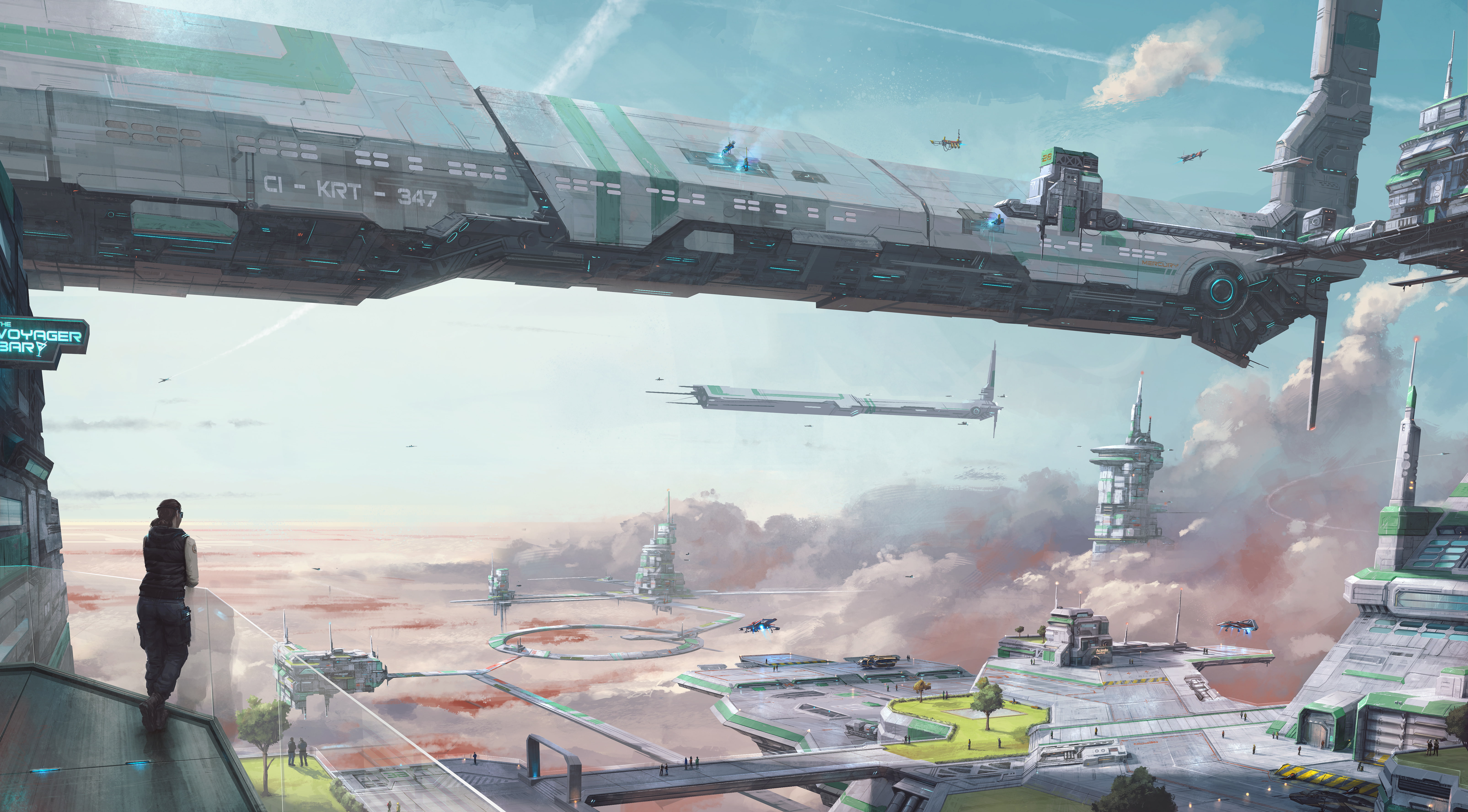 Star Citizen, ship, station, the planetary system, the sky, Stanton, 5K, Crusader Industries, Stanton IV: Crusader, girl, Crusader, sky, game, clouds, HD Wallpaper