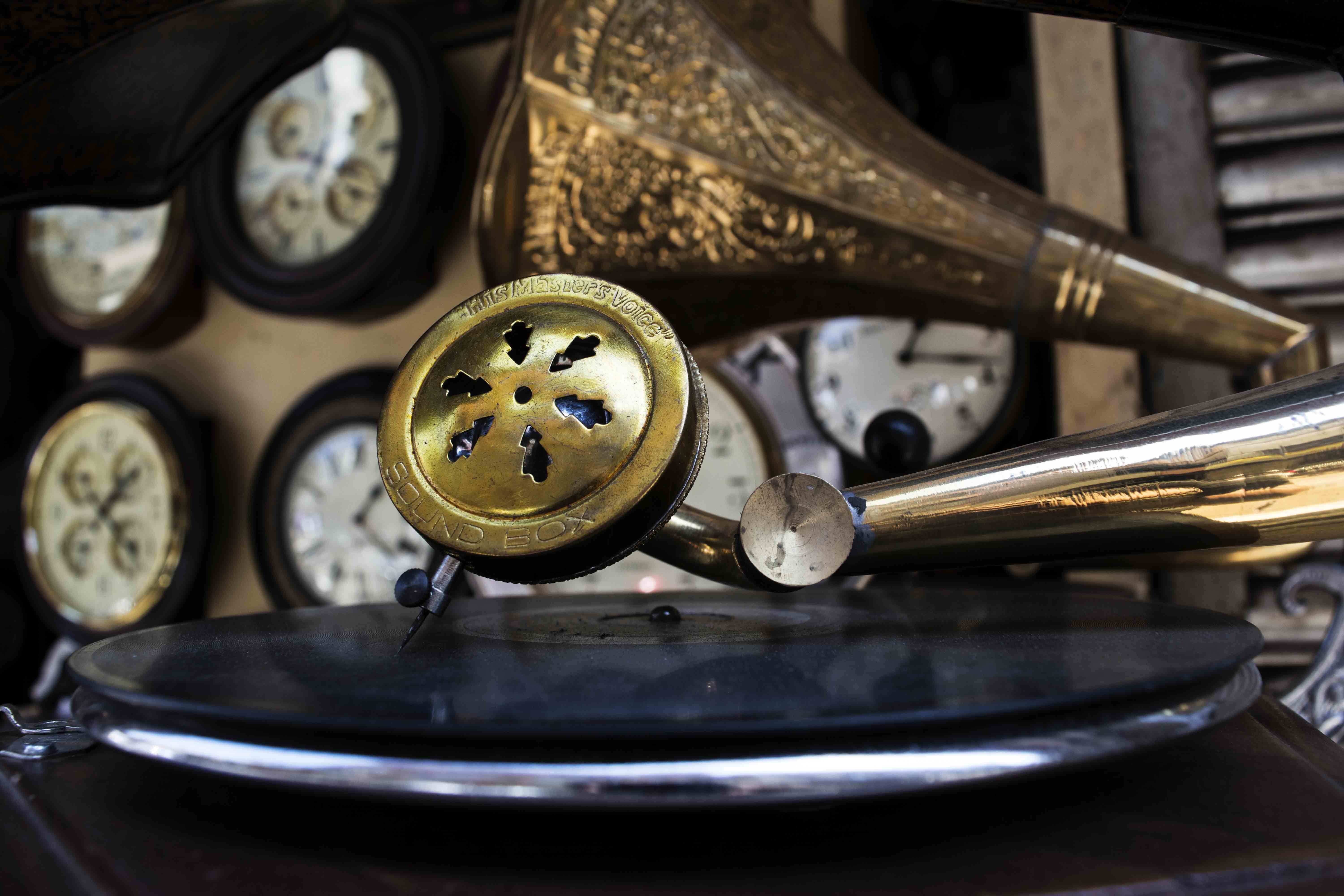close-up, retro styled, high angle view, gramophone, machine part, vintage, wheel, music, retro, no people, still life, mode of transportation, focus on foreground, HD Wallpaper