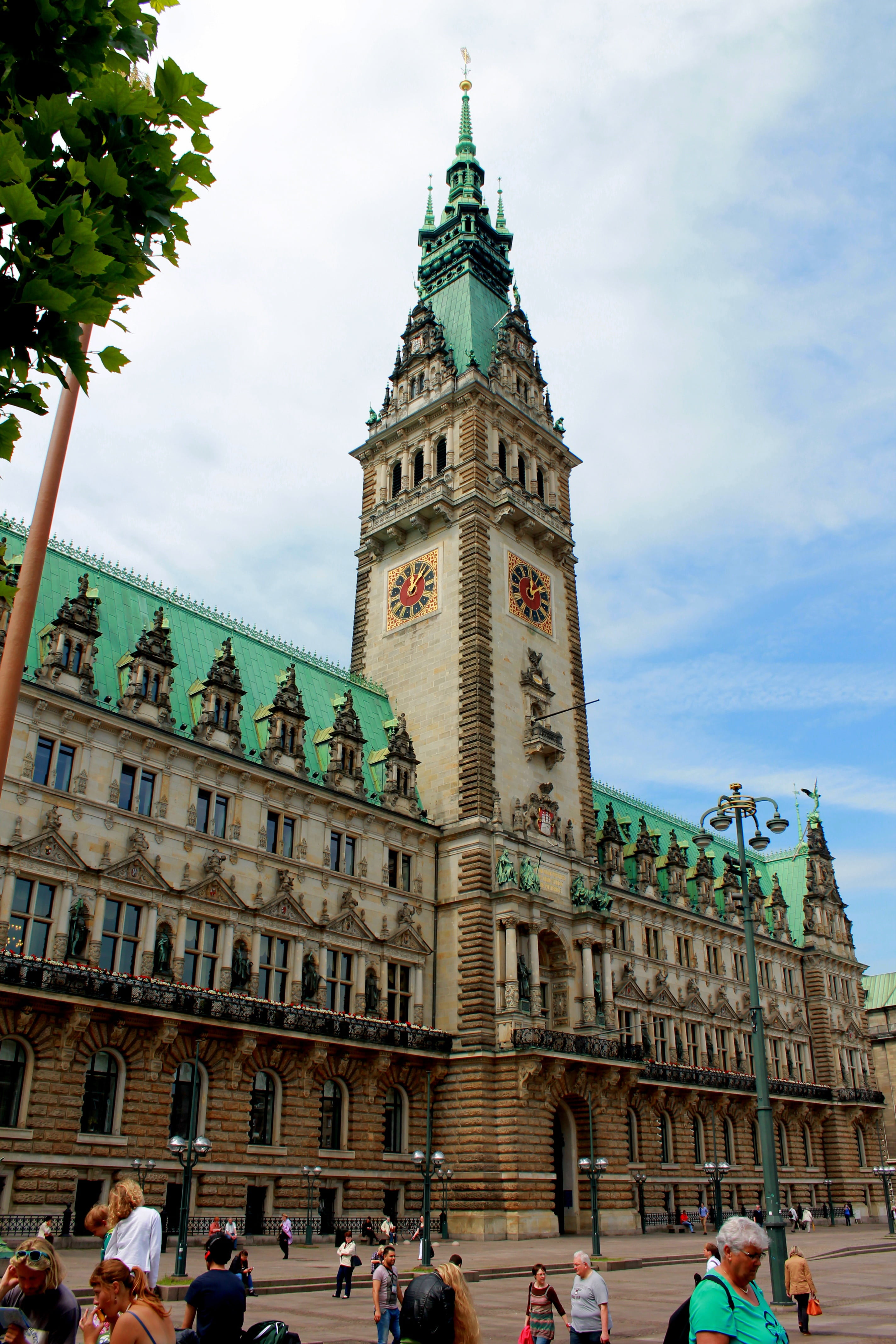 germany, water, low angle view, hamburg, day, tower, building, crowd, town hall, architecture, port, 4K, cloud - sky, real people, women, elbe, tall - high, Phone HD Wallpaper