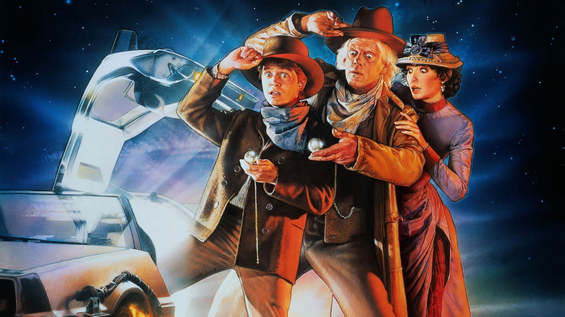 young men, blue, standing, young women, night, 1080P, looking, clothing, adult, front view, group of people, young adult, coworker, Back To The Future, HD Wallpaper