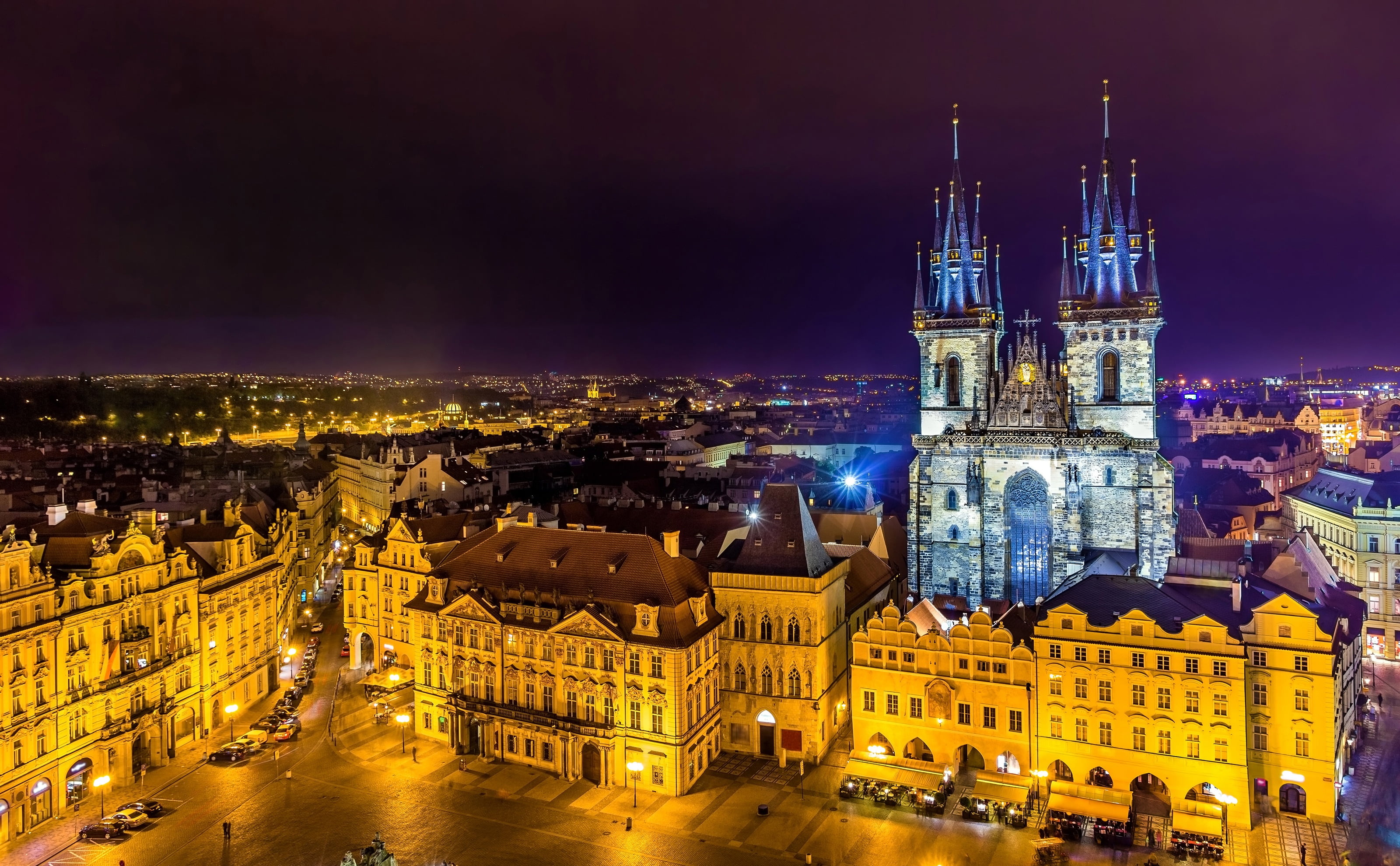 home, 2K, Tyn Church, tower, Palace, area, night, the view from the top, building, lights, temple, Prague, Czech Republic, Old town square, HD Wallpaper