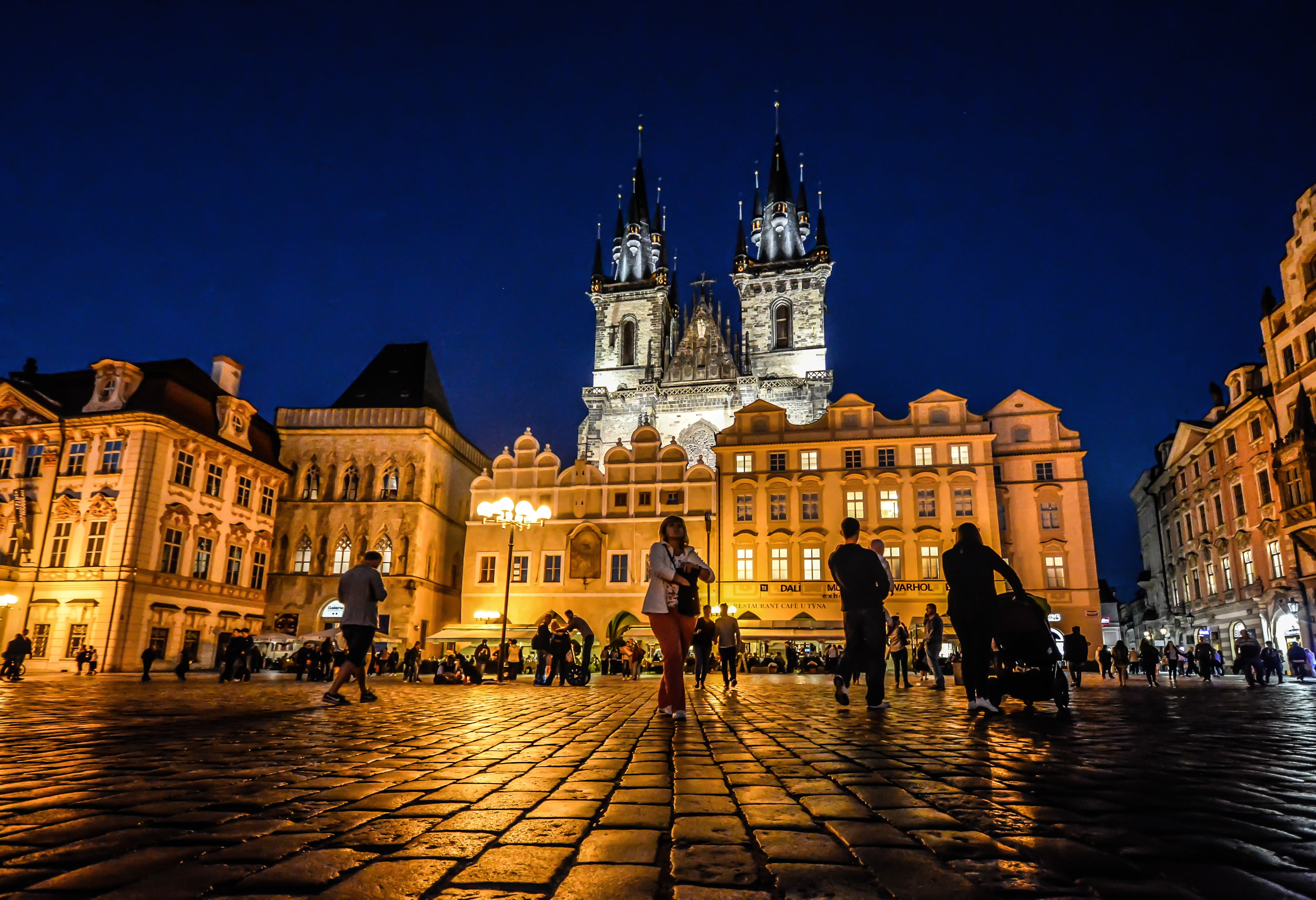 medieval, built structure, city, church, cityscape, night, old, tower, czech, town square, people, bohemia, building exterior, architecture, walking, sky, HD Wallpaper