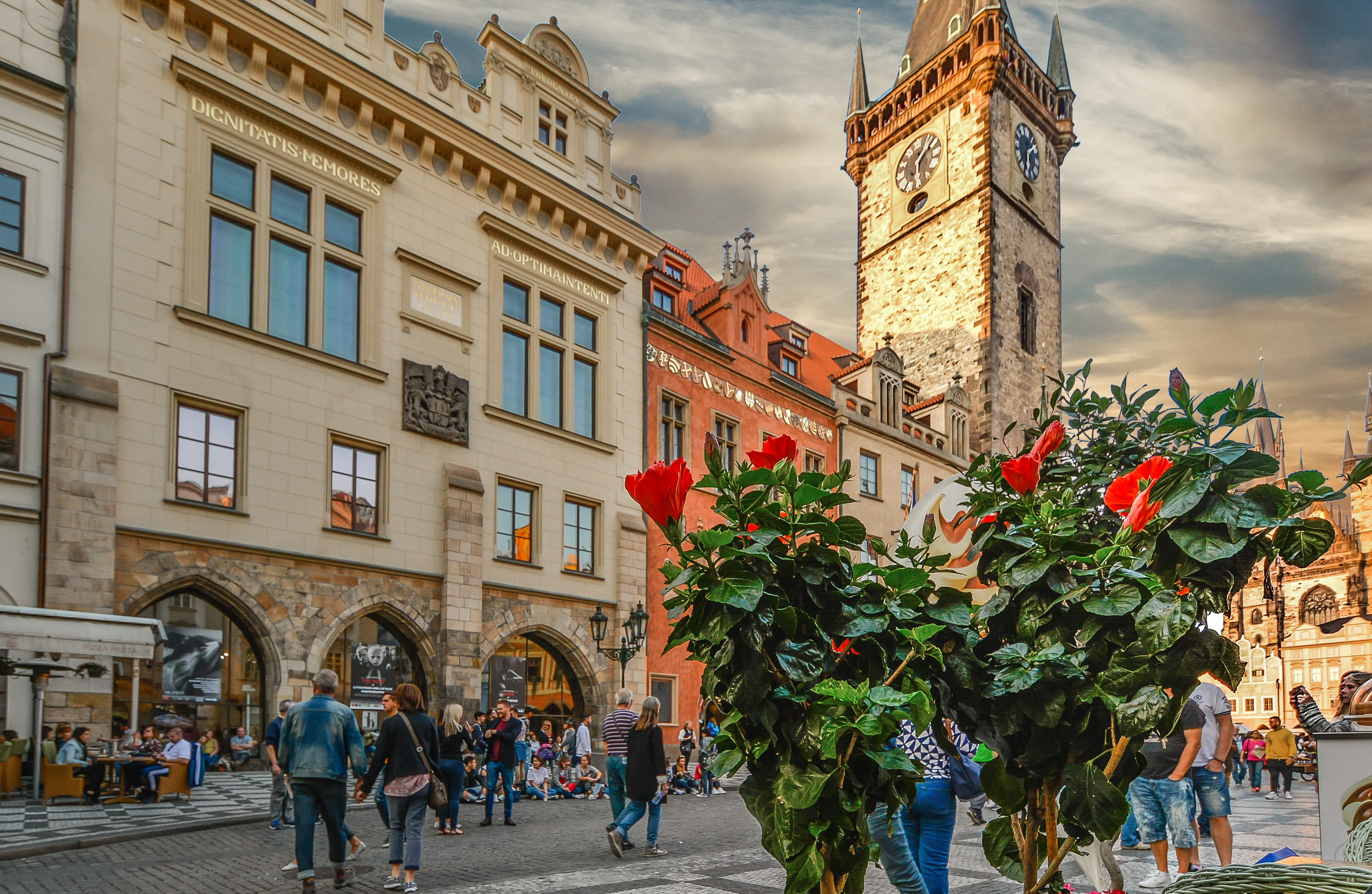 adult, Old, building, astronomical, square, culture, flowers, clock tower, tower, crowd, 2K, outdoors, europe, prague, sky, czech, group of people, republic, HD Wallpaper