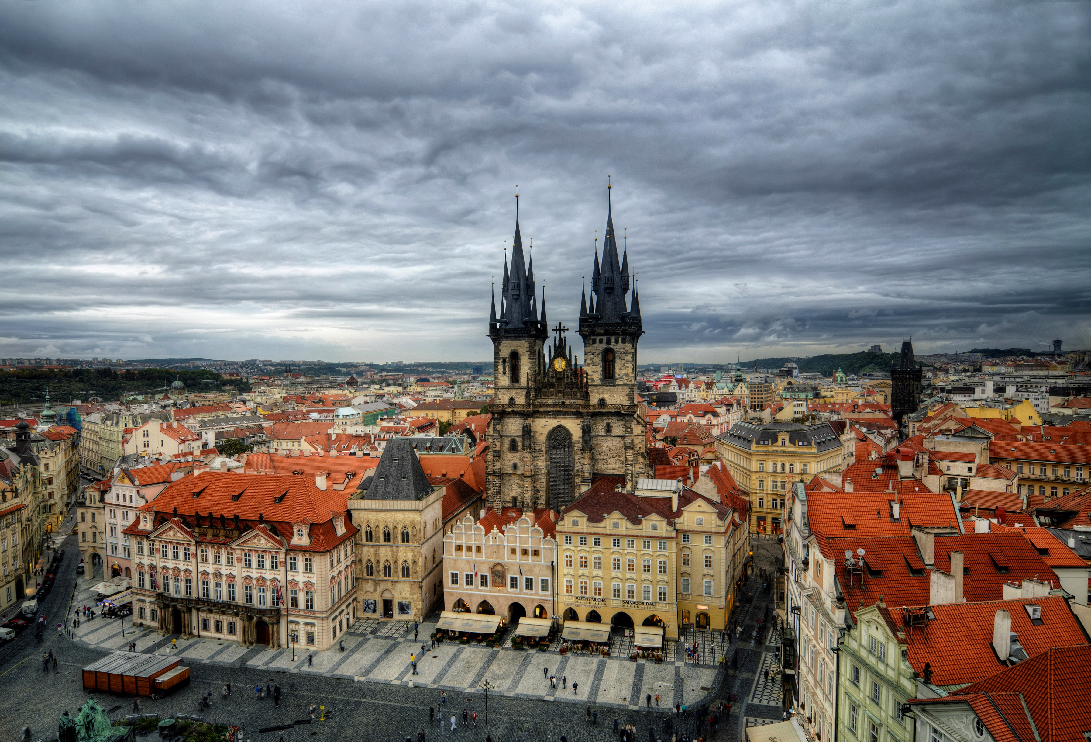 aerial View, Staré Město, church, the sky, Tyn Church, Czech Republic, overcast, cloud - sky, home, spirituality, townscape, europe, travel Destinations, HD Wallpaper