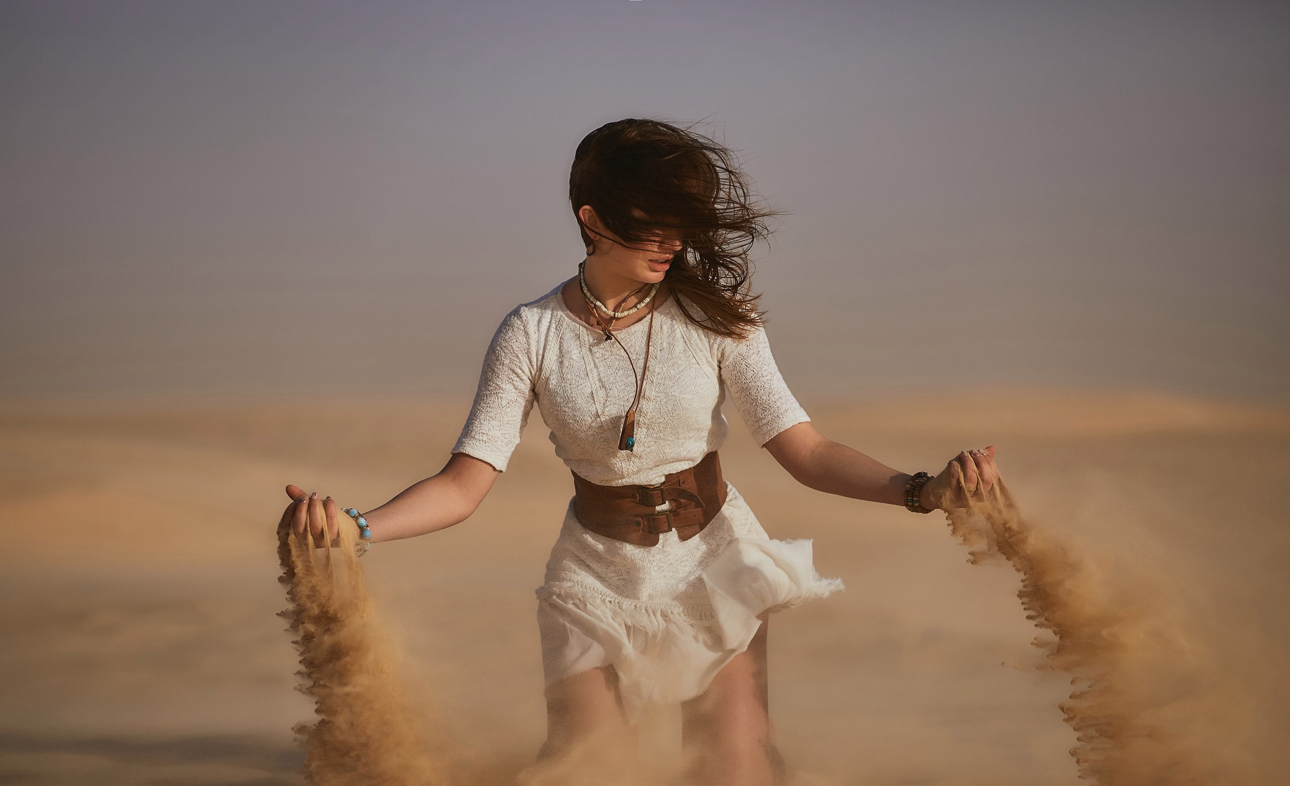 depth of field, hair in face, hairstyle, outdoors, leisure activity, sunset, girls, desert, casual clothing, child, childhood, sky, innocence, front view, HD Wallpaper
