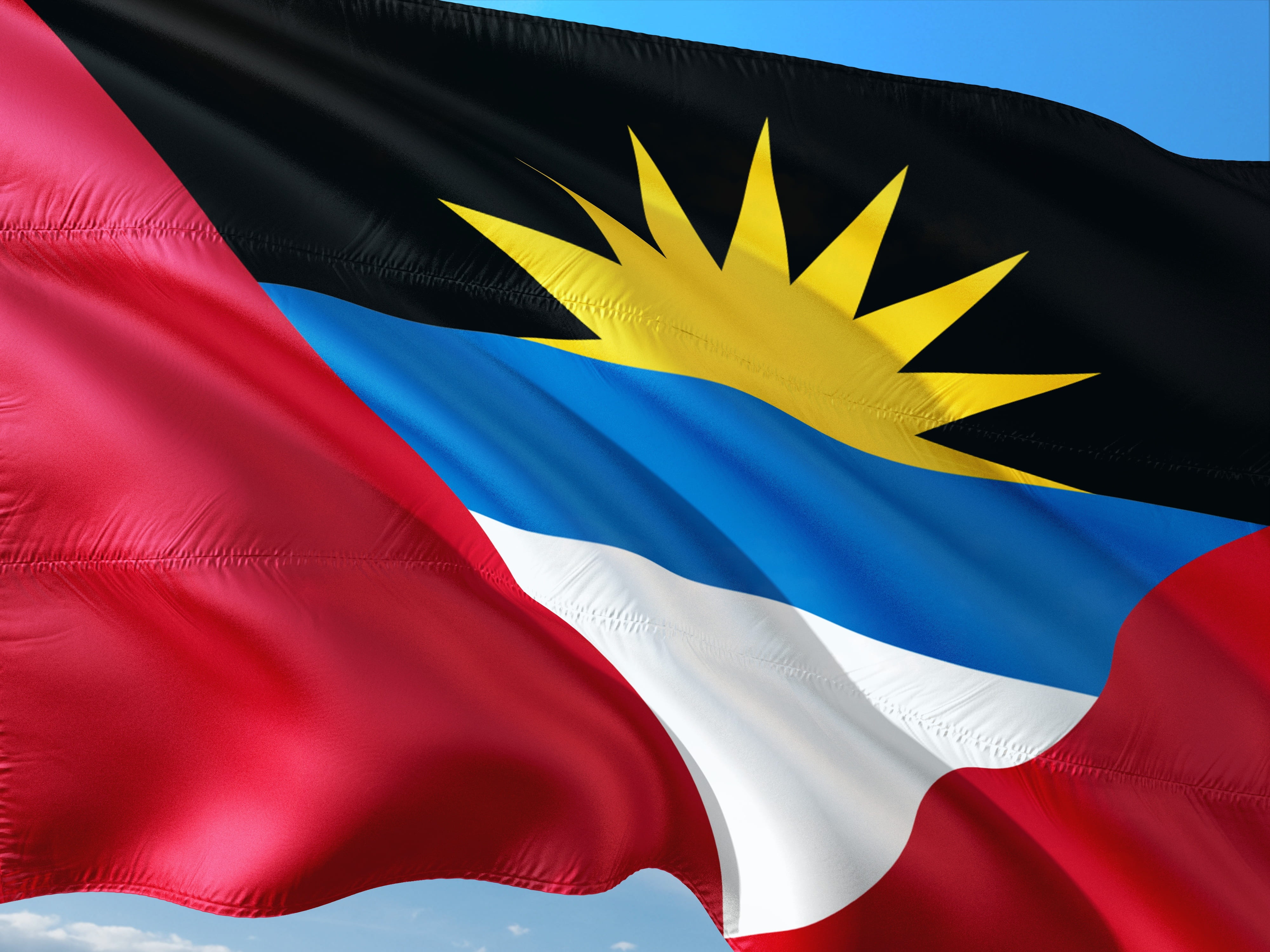 outdoors, freedom, emotion, textile, flag, international, red, blue, day, no people, wind, white color, 4K, antigua-and-barbuda, close-up, striped, waving, HD Wallpaper
