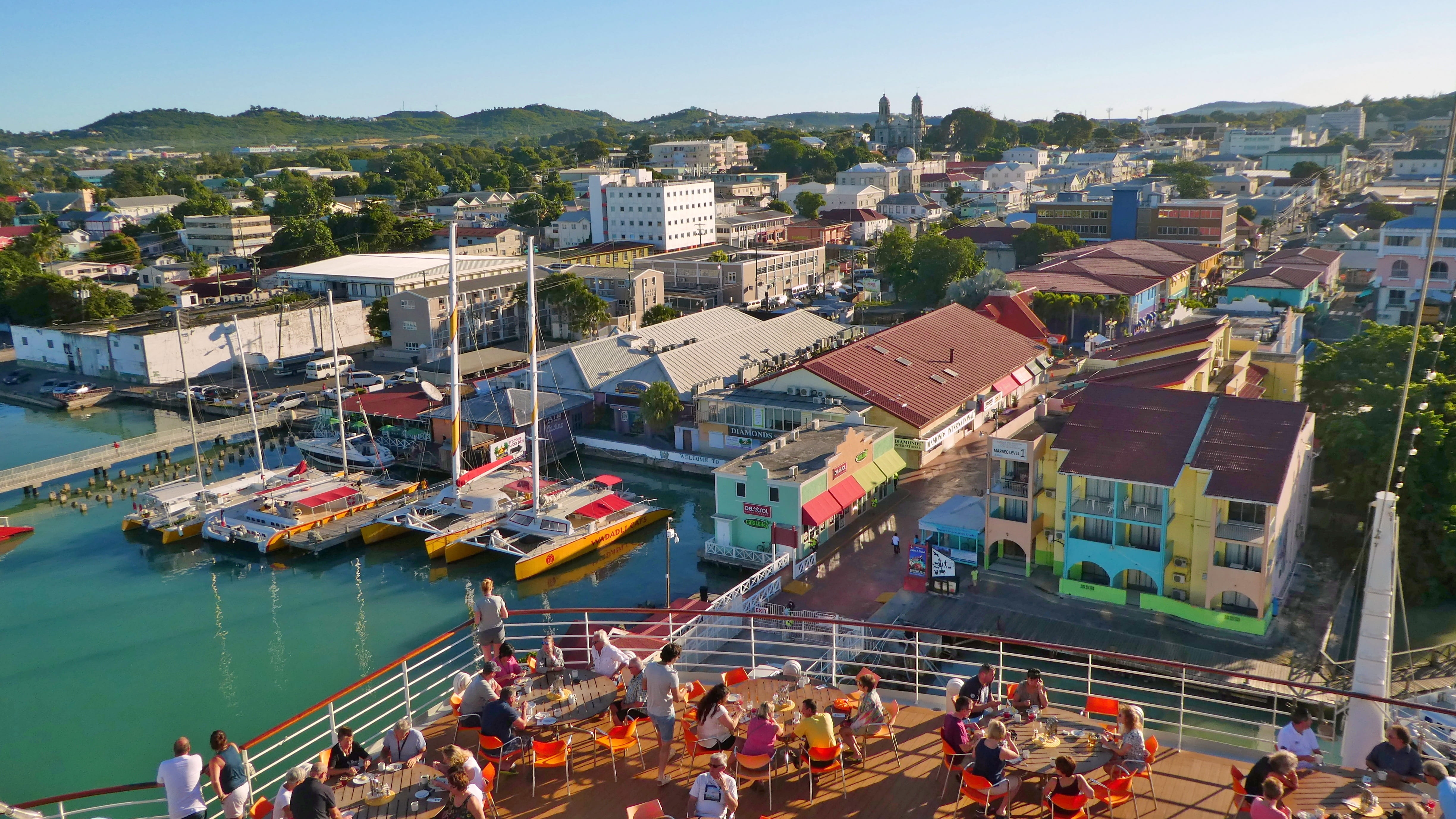 water, city, large group of people, day, high angle view, ship, caribbean, 4K, nature, antigua, outdoors, booked, built structure, cityscape, building exterior, HD Wallpaper