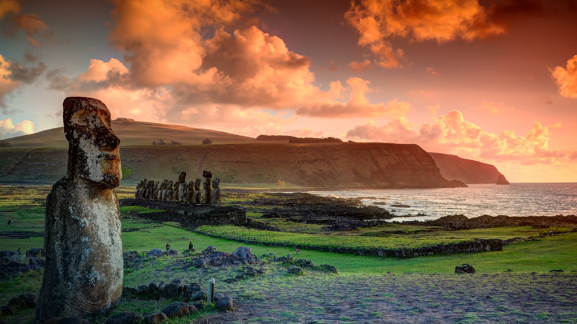 Pacific Ocean, hills, sunset, Moai, Ahu Tongariki, clouds, 1080P, rocks, HD Wallpaper