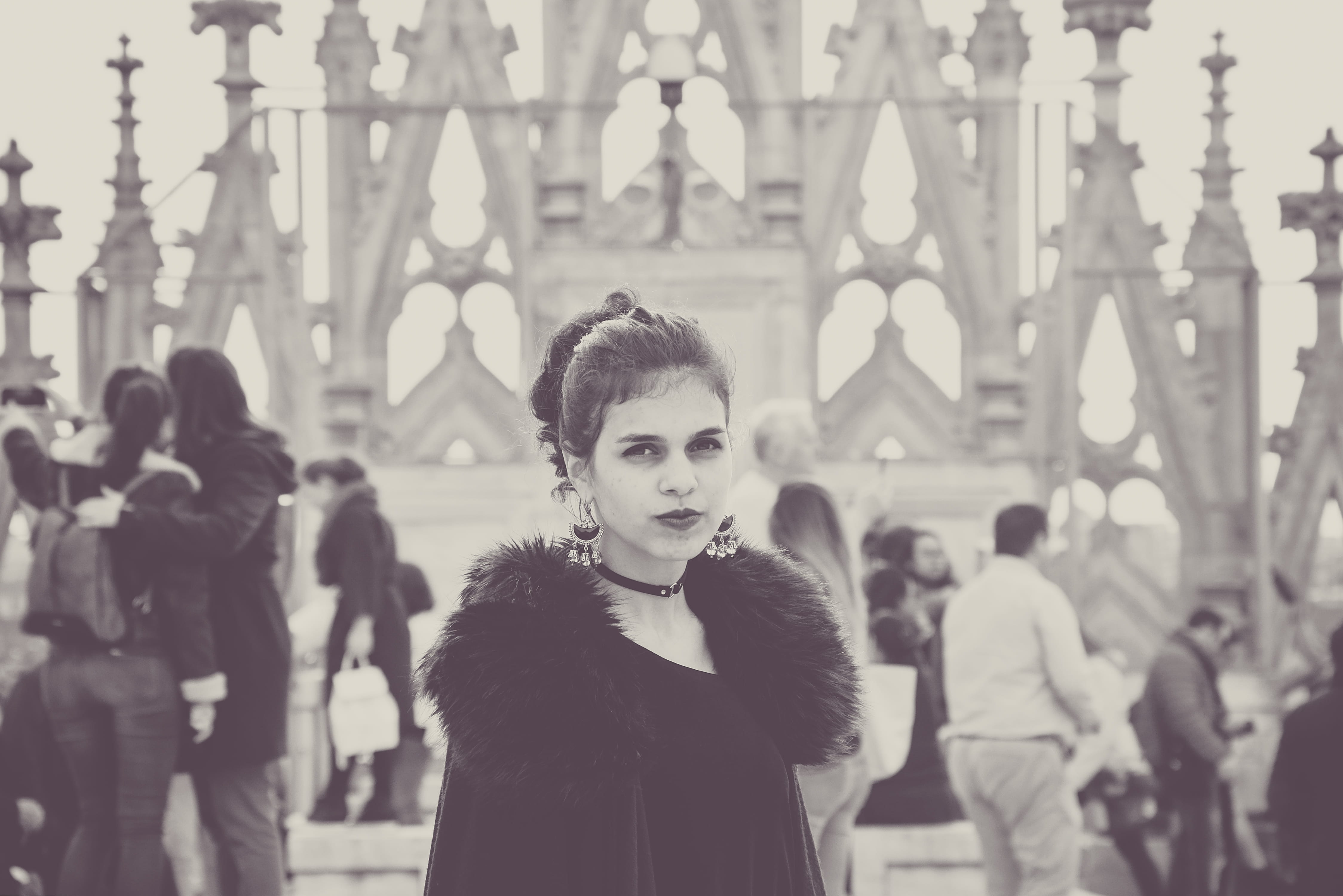 female, black and white, intense, front view, italy, milano, portrait, milan, lady, black, model, incidental people, clothing, standing, focus on foreground, HD Wallpaper