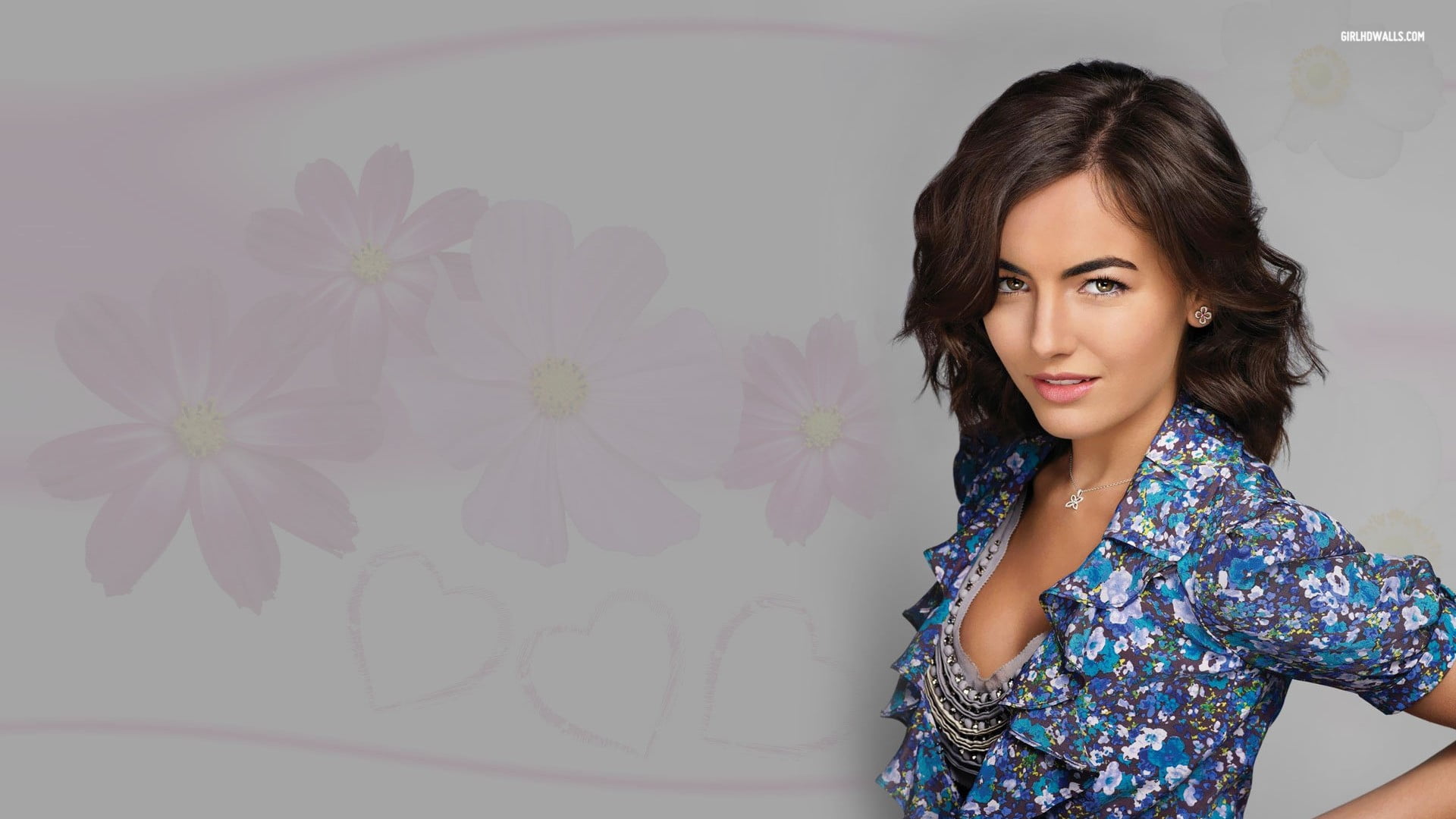 leisure activity, standing, Camilla Belle, wall - building feature, women, hair, pattern, actress, beauty, 1080P, casual clothing, hairstyle, one person, HD Wallpaper