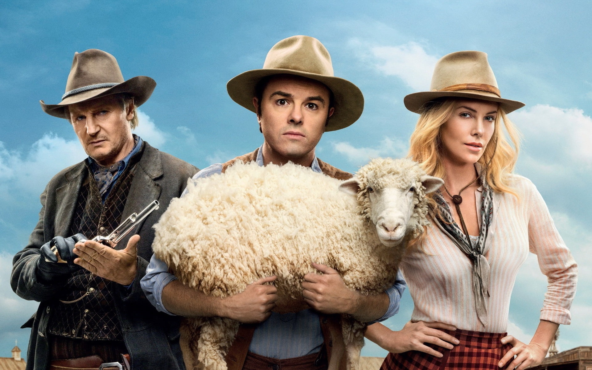 Anna, Albert, 1080P, Clinch, Liam Neeson, Western, Charlize Theron, west, Seth MacFarlane, Comedy, ways, die, movie, sheep, million, white, HD Wallpaper