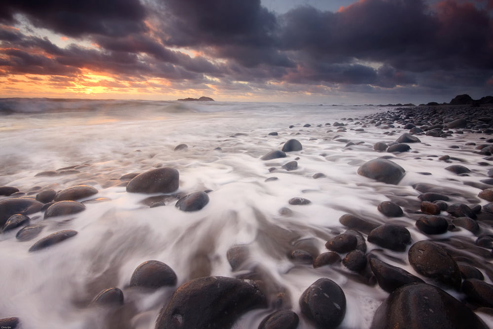 photography, sunset, water, 480P, landscape, rock - Object, sea, golden hour, golden, outdoors, dusk, beach, nz, beauty In Nature, rocks, sky, cloud - Sky, HD Wallpaper