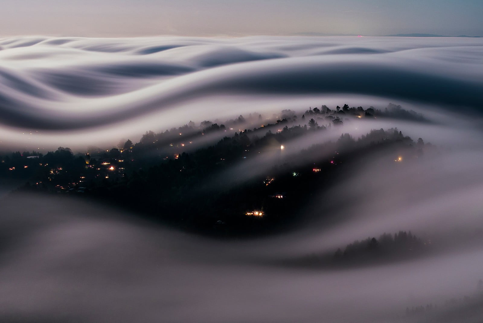 clouds, long exposure, tranquility, 720P, cloud - sky, dark, surreal, sunset, reflection, environment, birds eye view, lights, scenics - nature, forest, HD Wallpaper