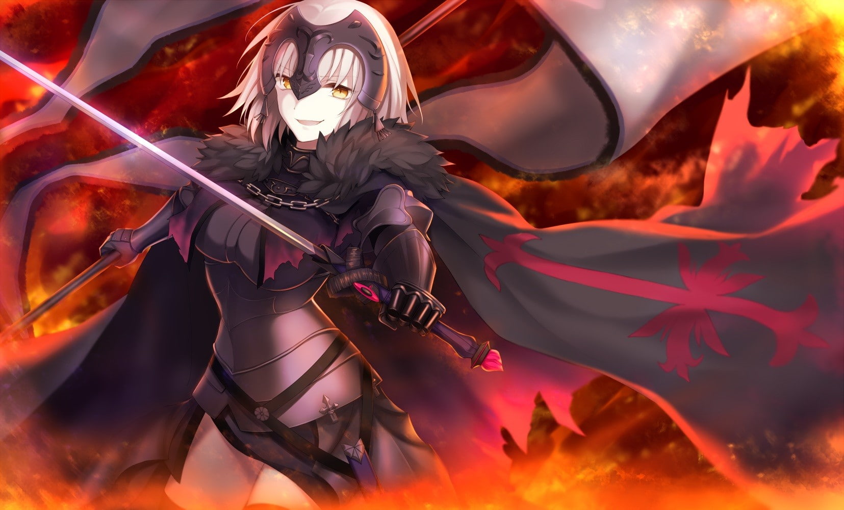 cape, FateGrand Order, armor, blonde, yellow eyes, sword, headdress, short hair, weapon, fire, anime, Fate Series, Ruler (FateGrand Order), chains, 720P, HD Wallpaper