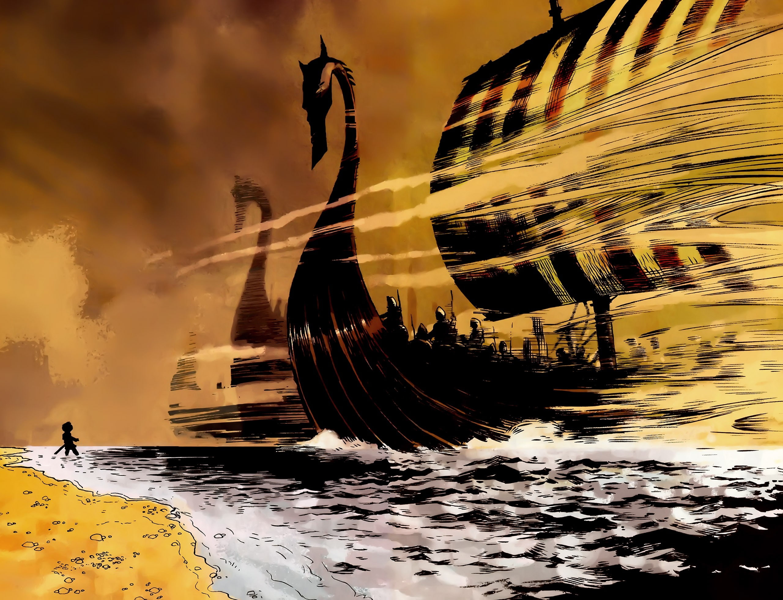 Vikings, ship, fantasy art, 2K, HD Wallpaper