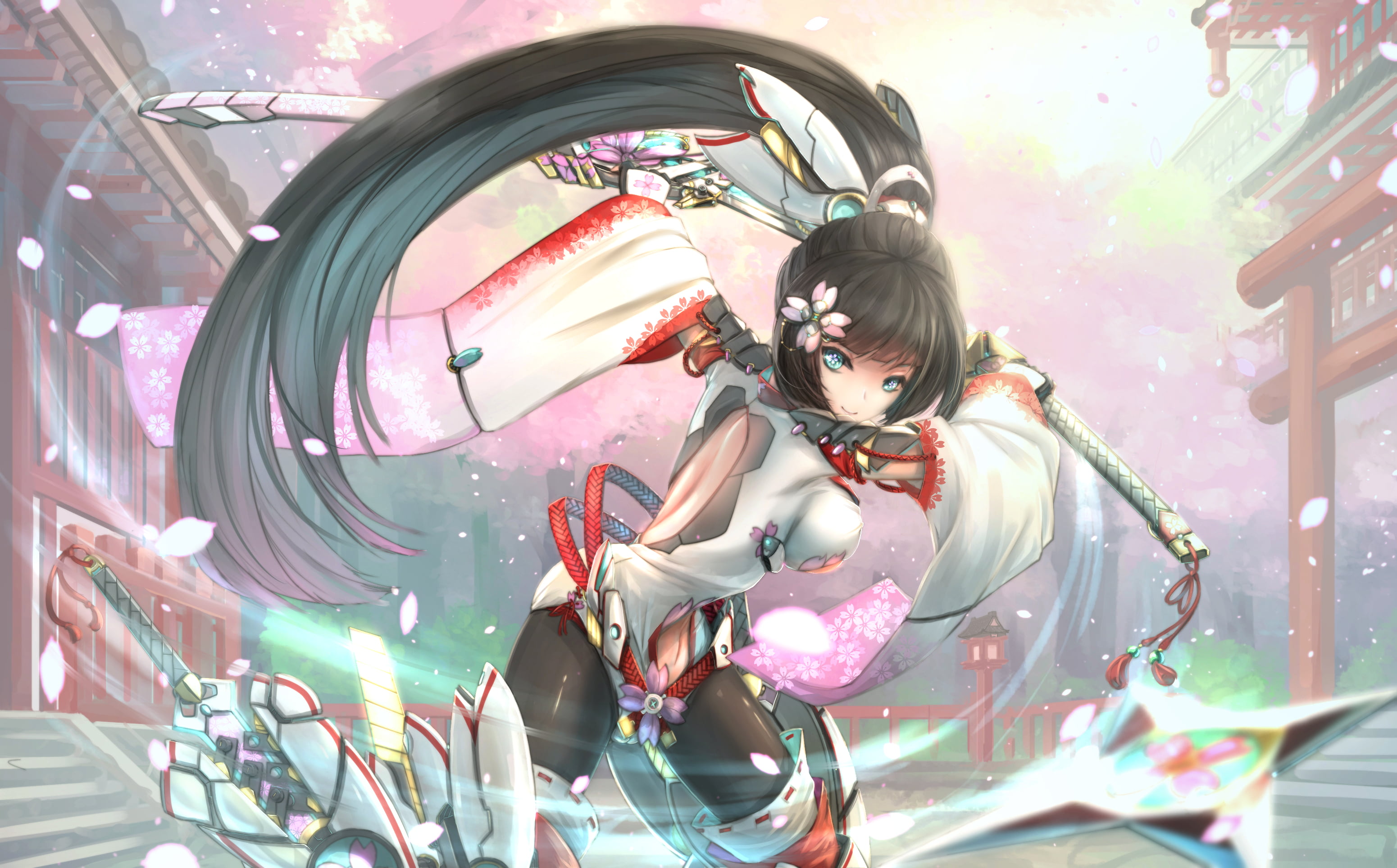 ponytail, sword, blue eyes, 2K, armor, long hair, thick thigh, cherry blossom, black hair, HD Wallpaper