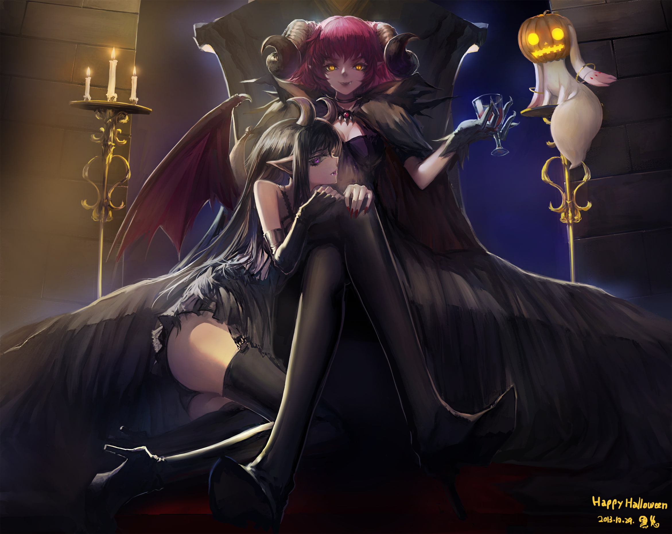 mahou, cape, long, eyes, shoujo, yellow, fang, kyuubee, purple, hair, halloween, pointed, 1080P, pumpkin, ears, black, horns, signed, demon, pink, thighhighs, HD Wallpaper