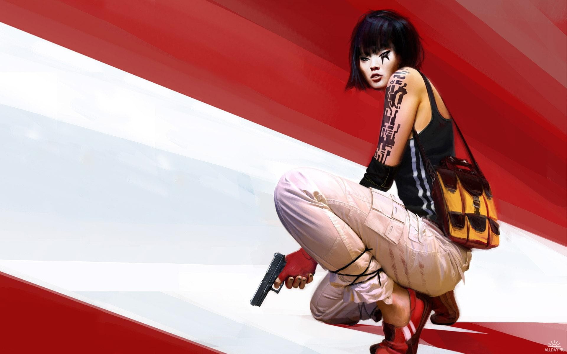 red, outdoors, one person, Mirrors Edge, hair, casual clothing, clothing, looking at camera, smiling, long hair, hairstyle, fashion, side view, 1080P, HD Wallpaper