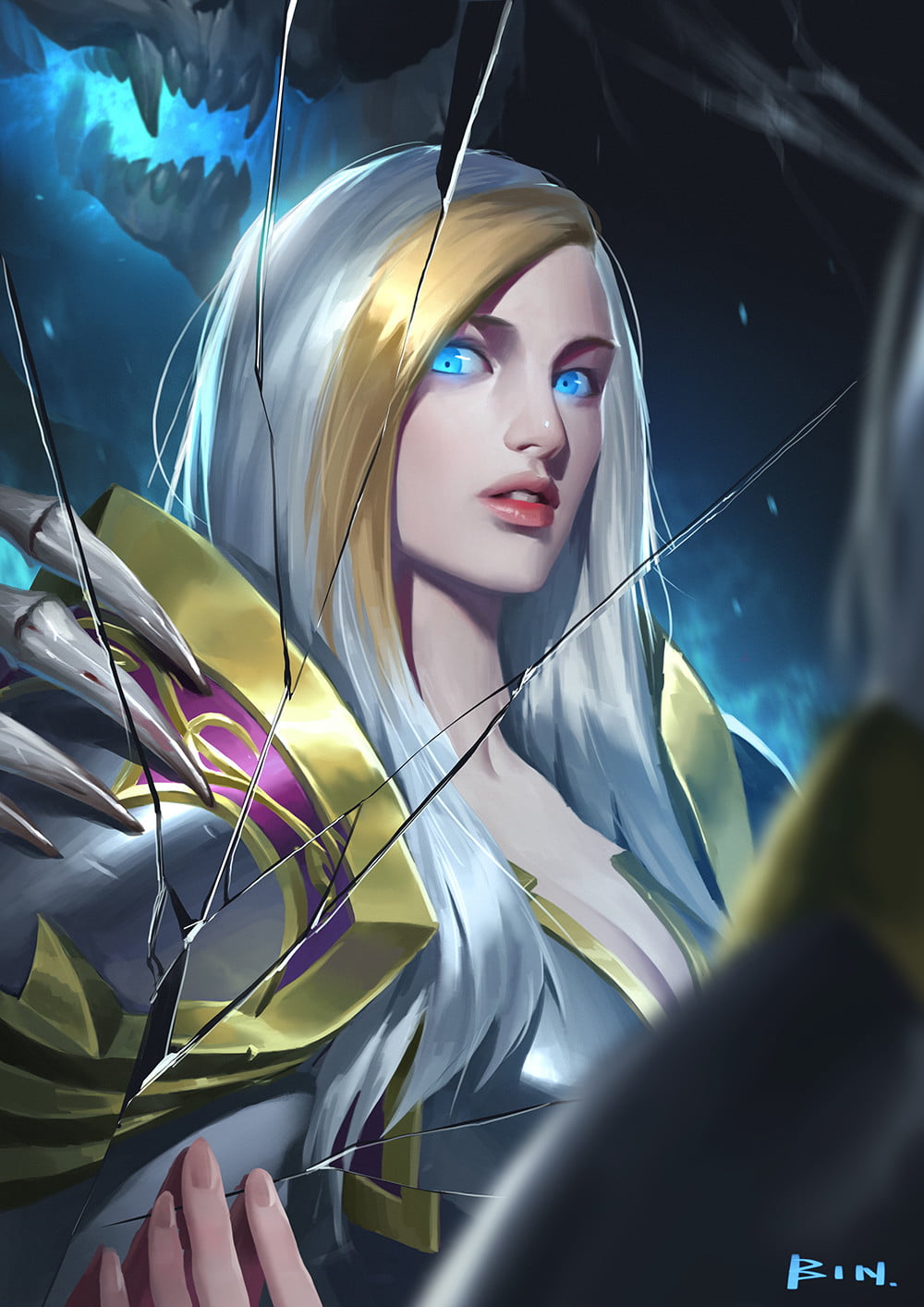 artwork, mirror, fantasy girl, 720P, broken glass, fantasy art, blonde, Herbie Wang, long hair, white hair, women, aqua eyes, Phone HD Wallpaper