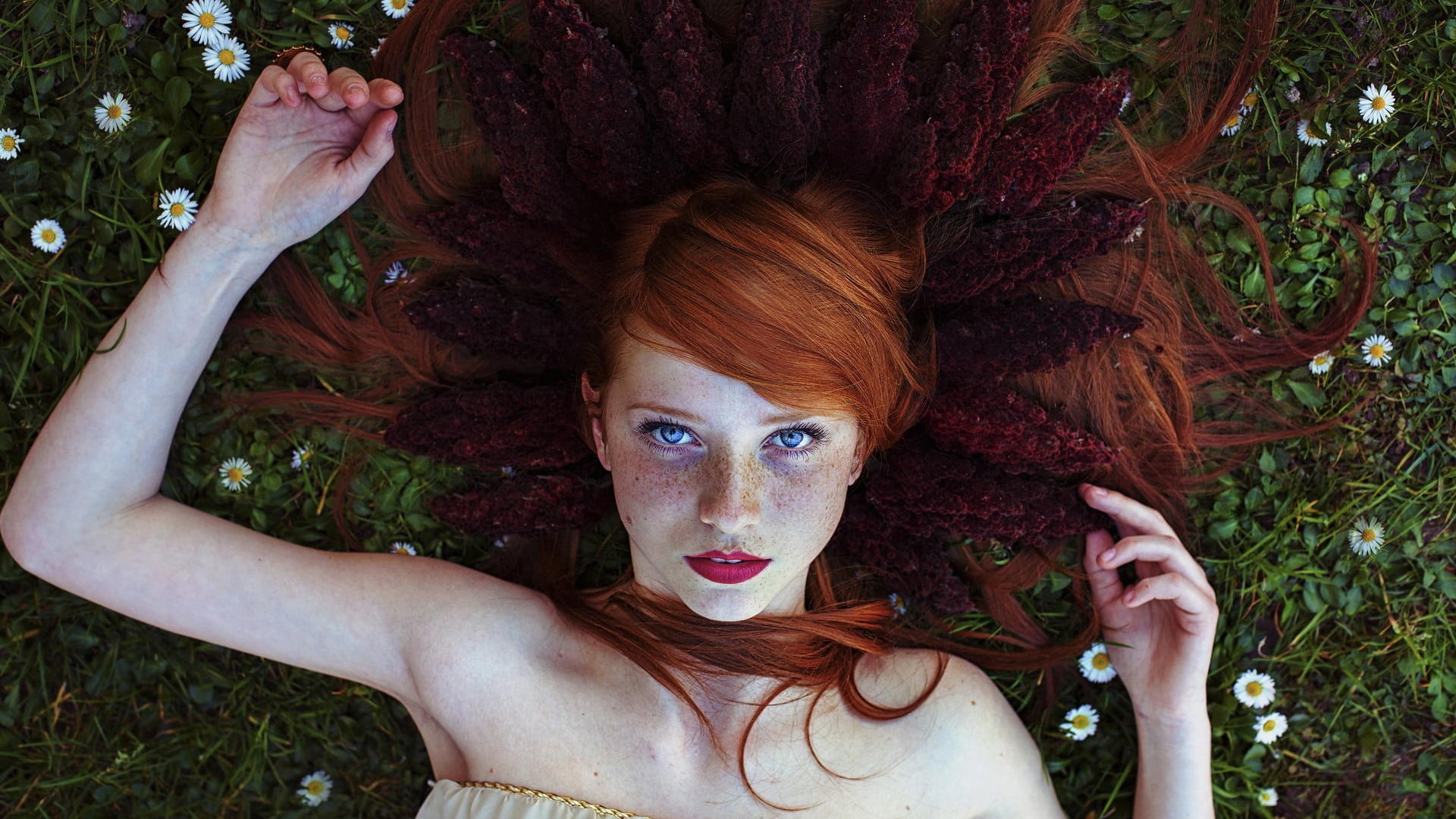looking at viewer, blue eyes, land, face, one person, grass, tree, women, human body part, plant, lying on back, flowers, leisure activity, lying down, HD Wallpaper