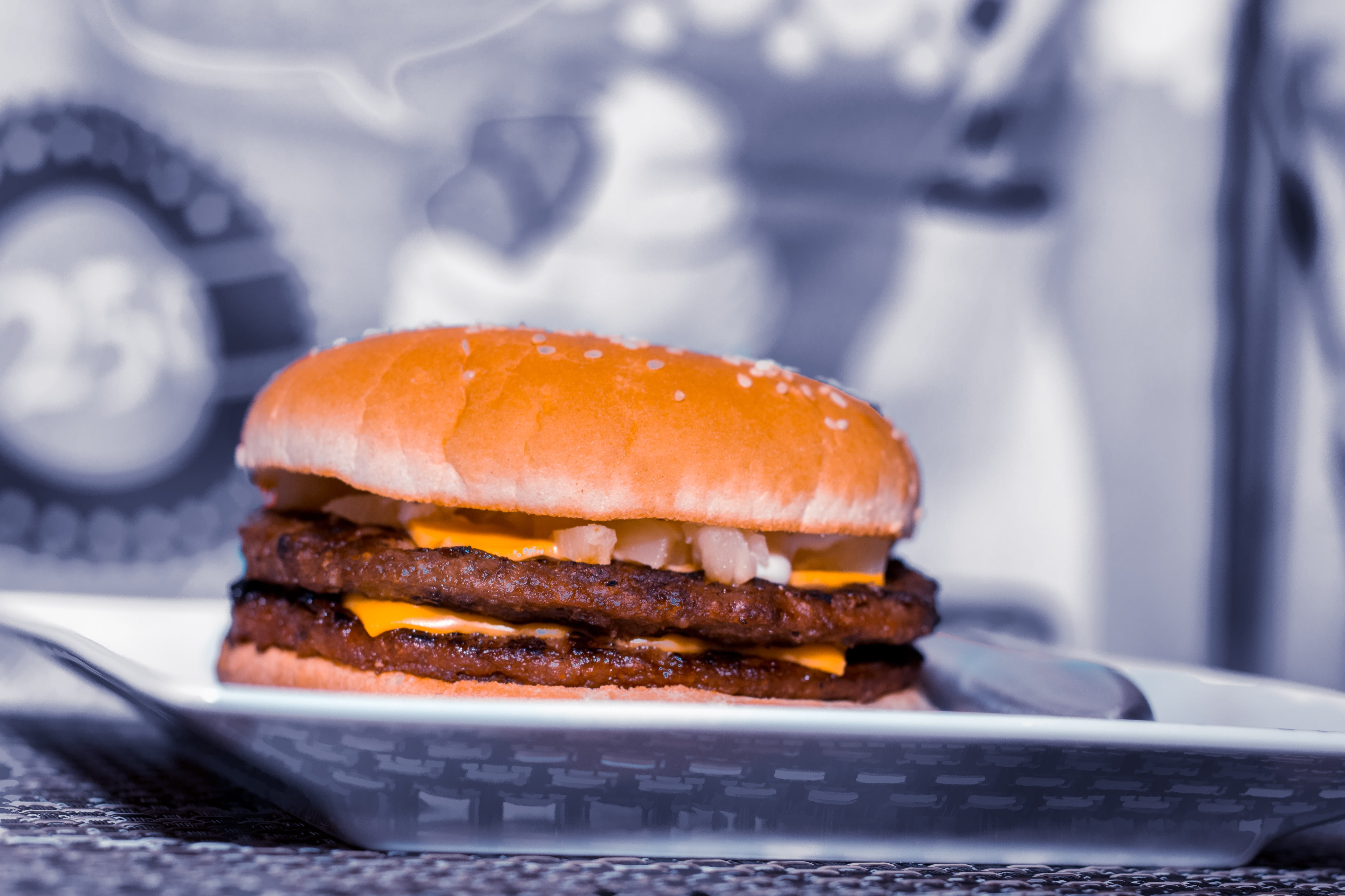 patty, hamburger, plate, meal, double, burger, convenience food, indoors, take out food, fast food restaurant, 5K, no people, ready-to-eat, food, snack, HD Wallpaper