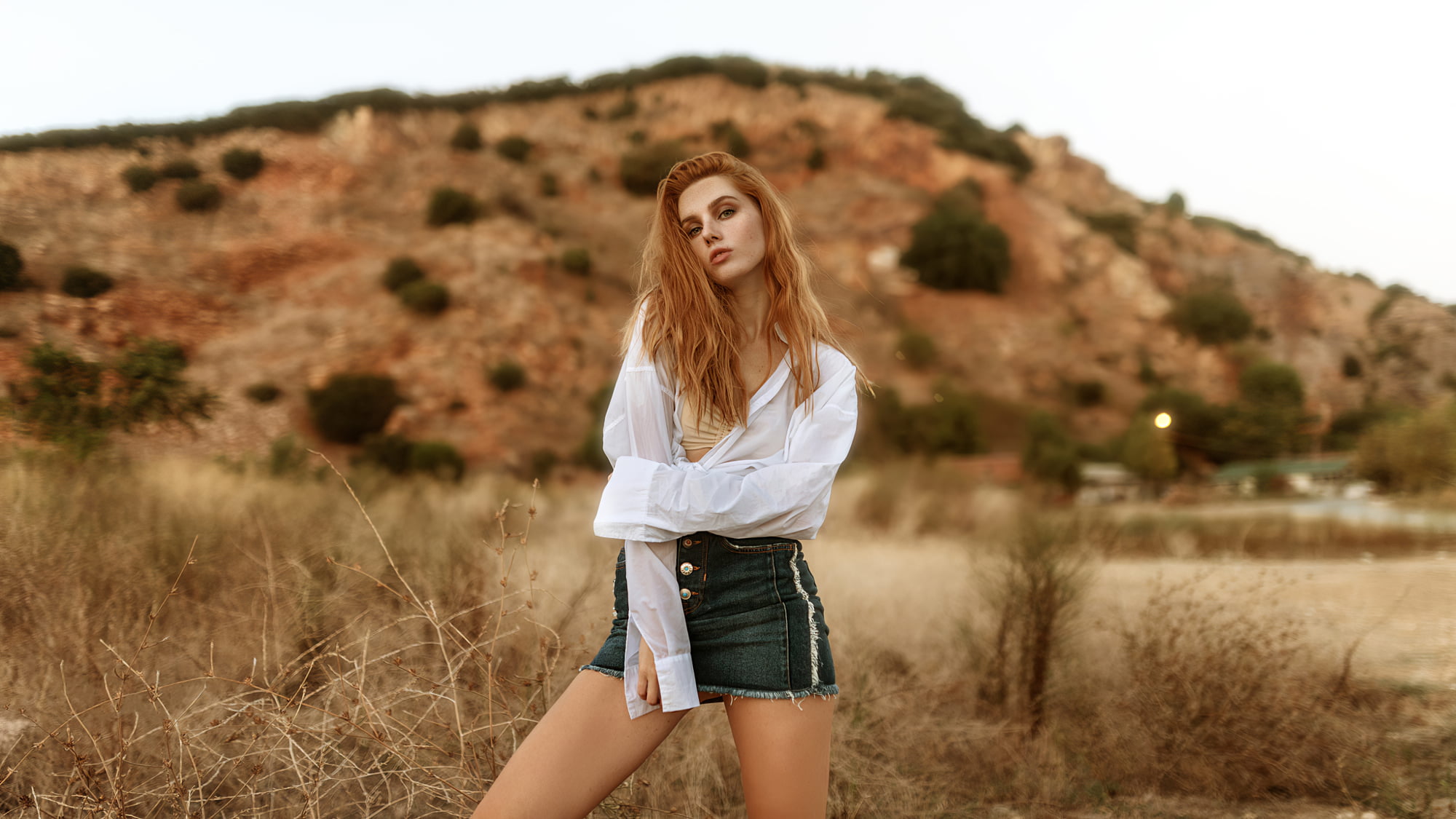 denim, women outdoors, skirt, women, redhead, white shirt, 1080P, HD Wallpaper