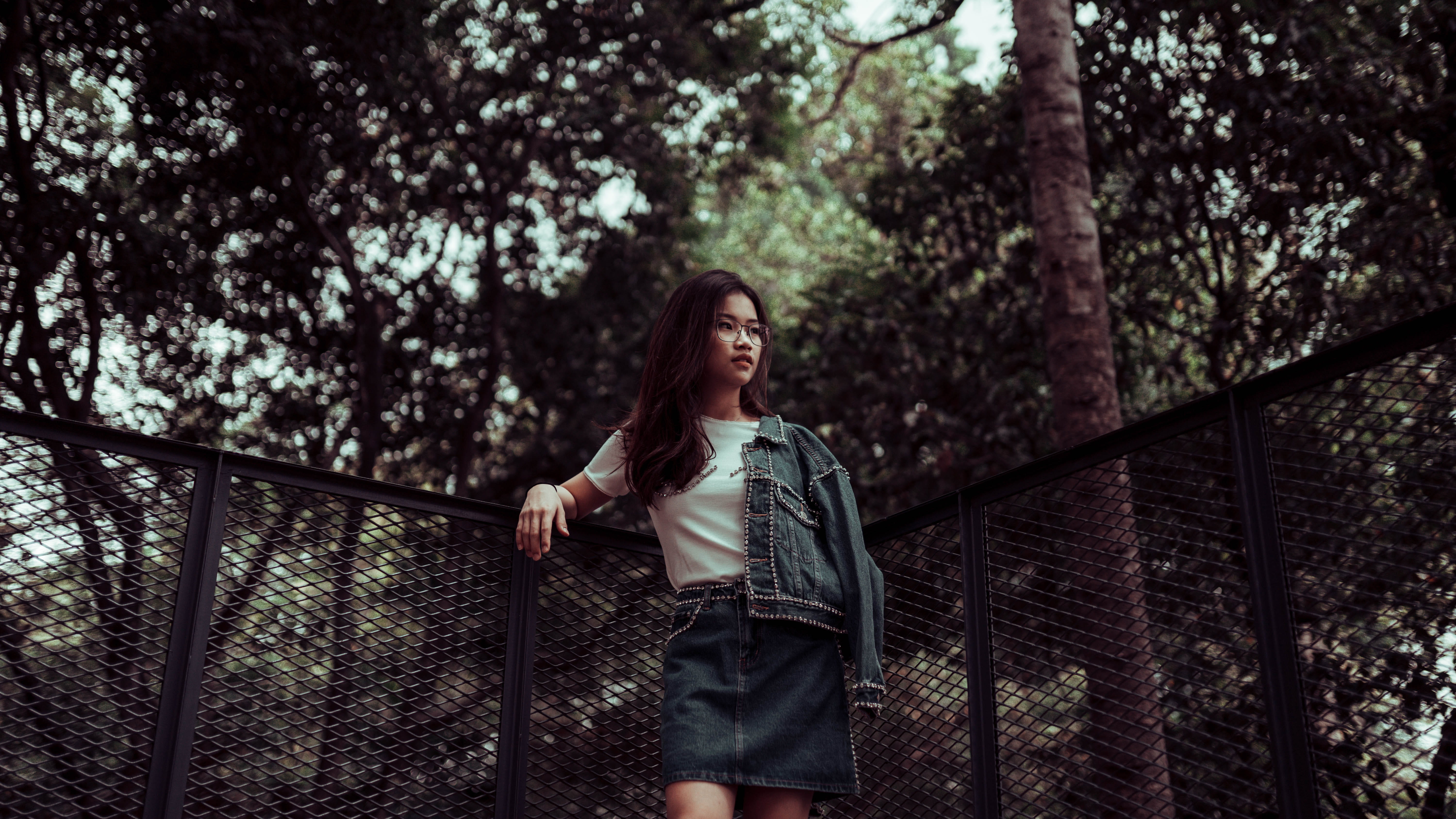 outdoors, girl, denim, skirt, standing, one person, looking, nature, person, outdoor, apparel, lifestyles, jacket, portrait, young women, dark, forest, HD Wallpaper
