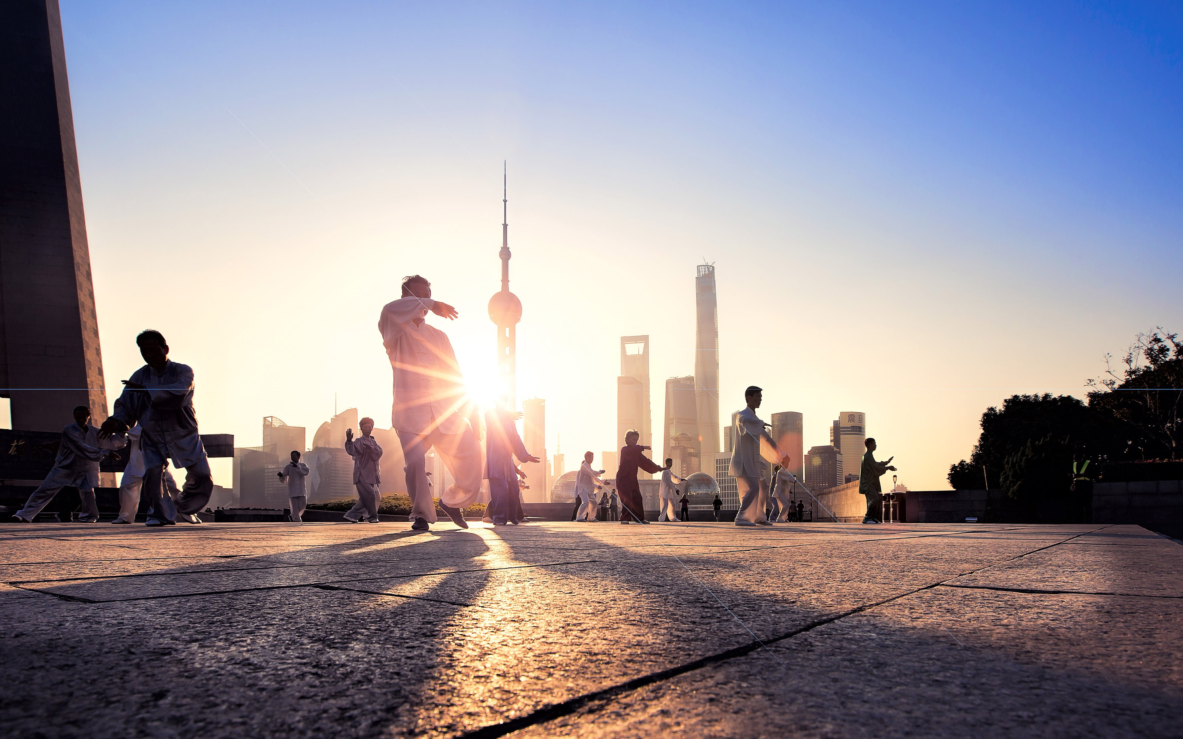sunset, morning, sky, 4K, leisure activity, architecture, taiji, lifestyles, group of people, office building exterior, sun, city, built structure, square, HD Wallpaper
