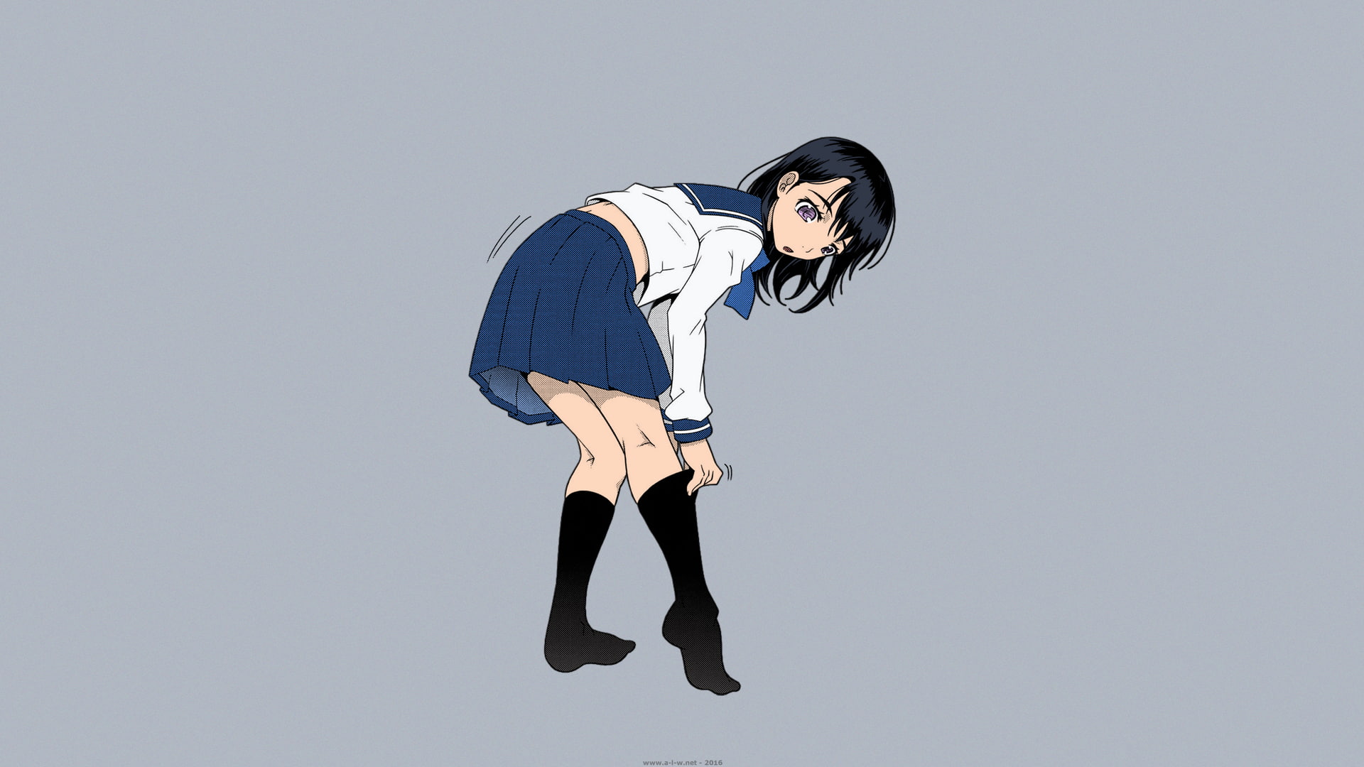 anime girls, manga, Mudou Eichi, long hair, socks, purple eyes, simple background, school uniform, 1080P, schoolgirl, anime, black hair, HD Wallpaper
