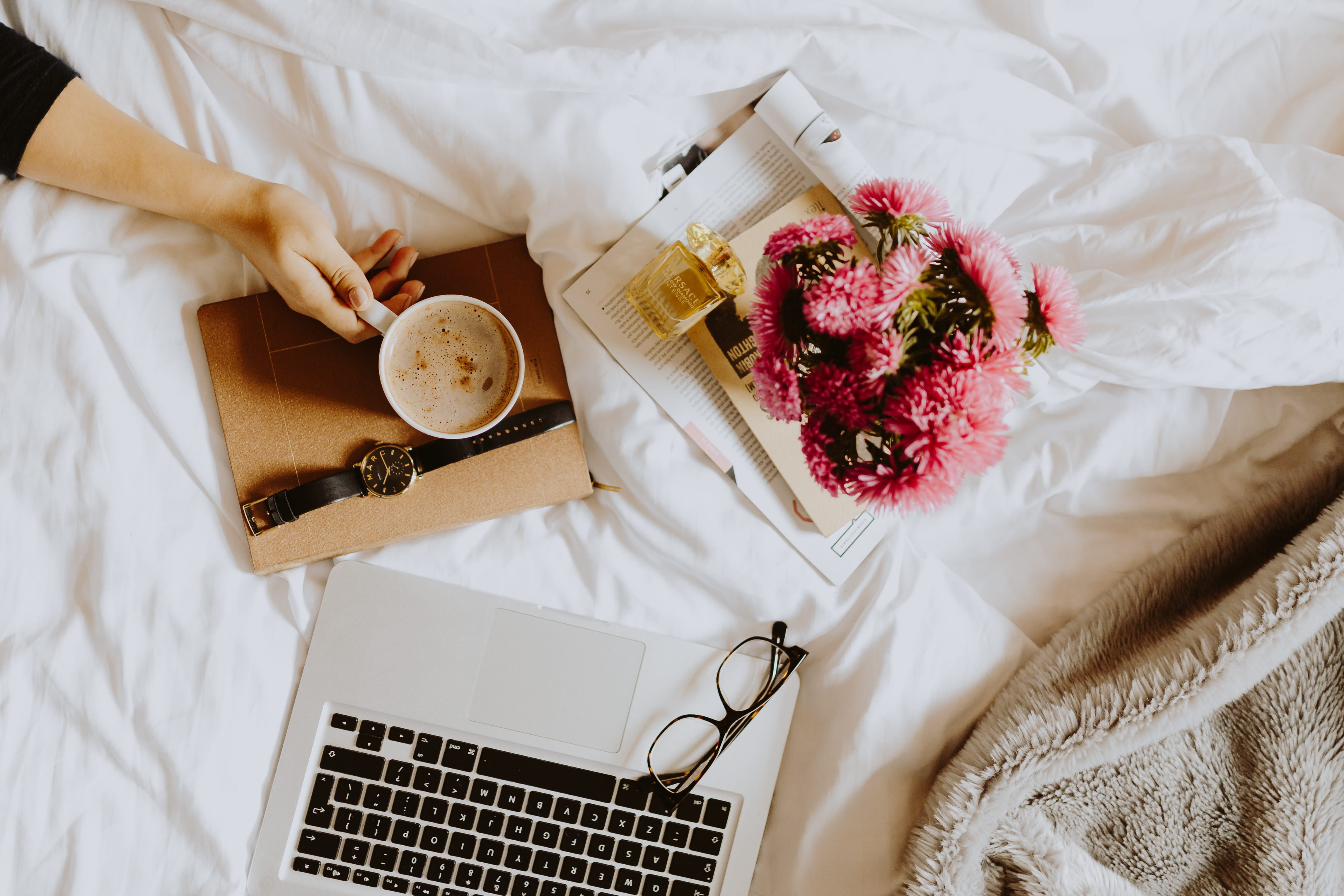 mug, bricks, tray, wireless technology, home, domestic room, home office, coffee, macbook pro, glass, laptop, high angle view, flower, food, drink, macbook, HD Wallpaper