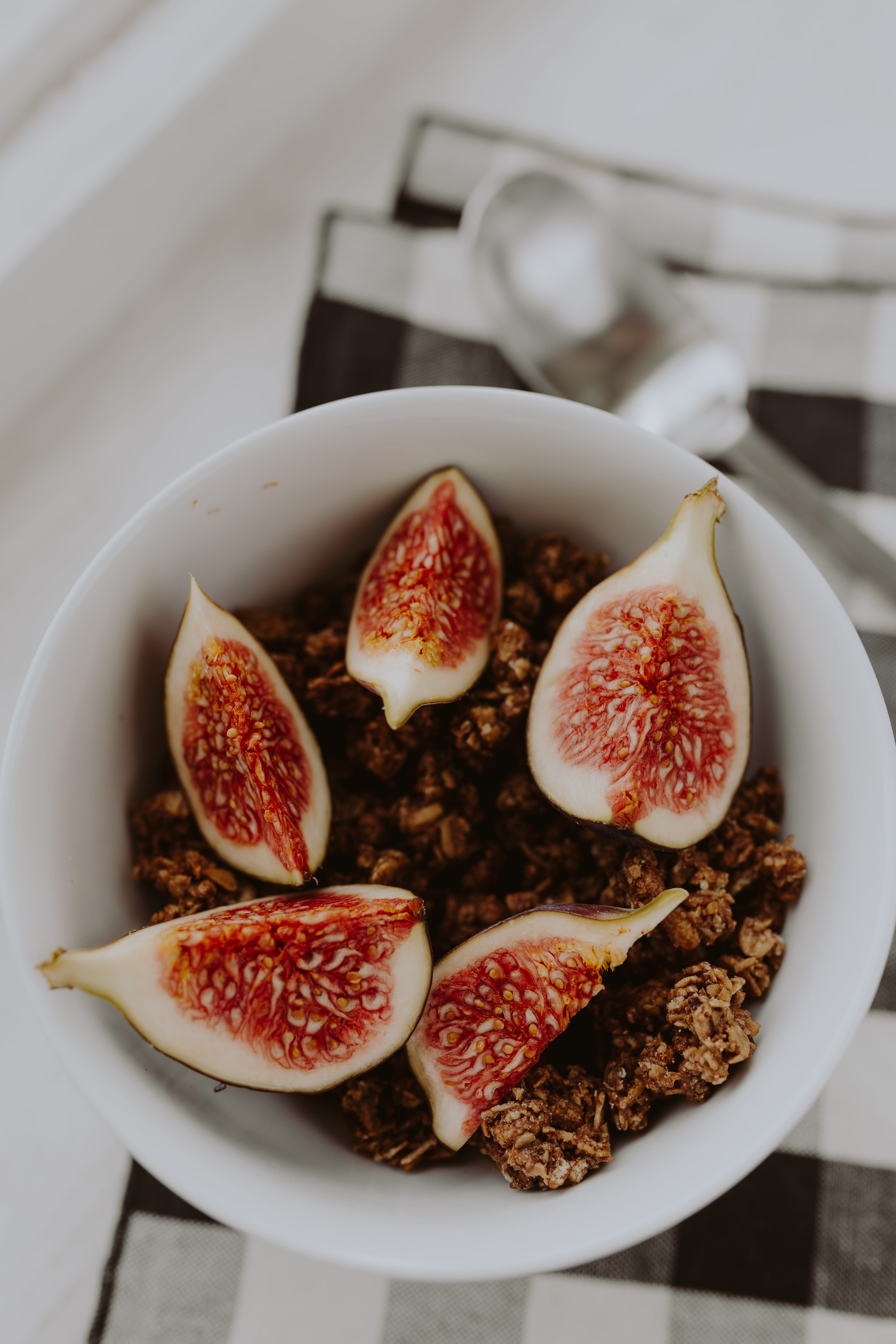 indoors, directly above, 4K, freshness, figs, breakfast, crunchy, fruits, plate, morning, meal, food and drink, granola, cereals, white color, fruit, table, Phone HD Wallpaper