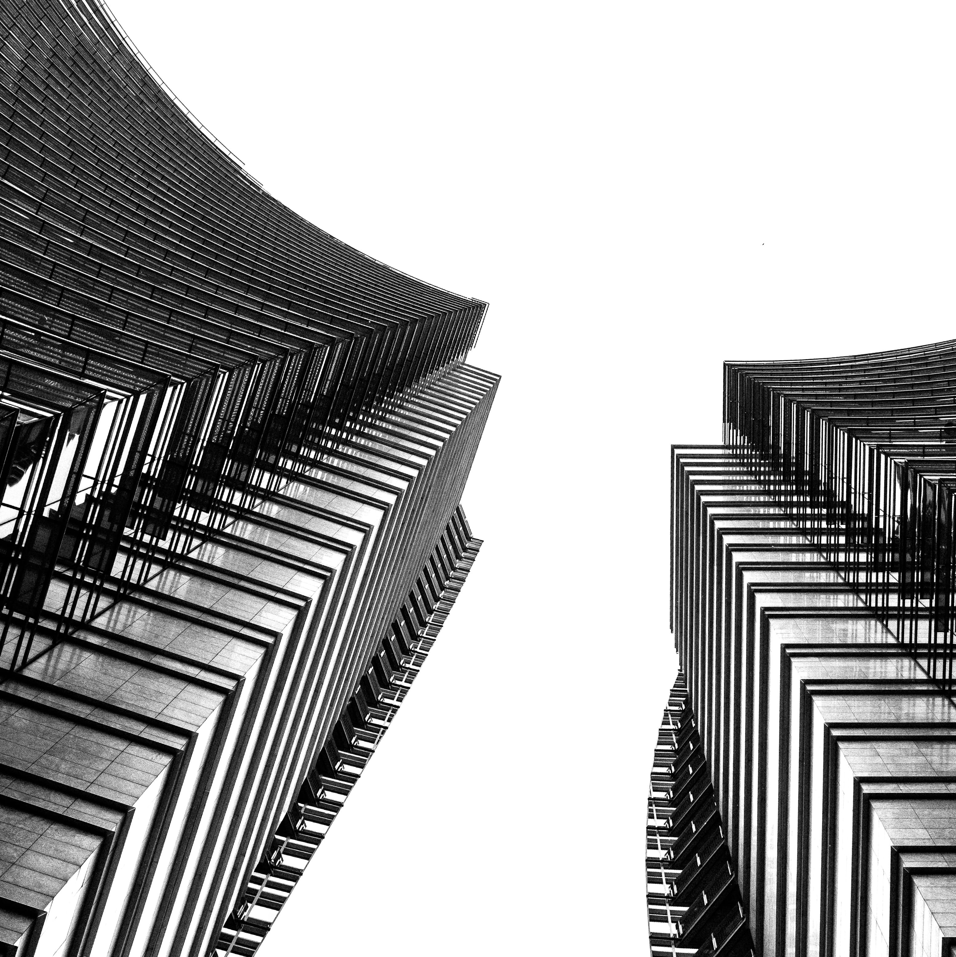 architectural feature, black white, city, day, tower, s, abstract, office building exterior, high rise, clear sky, outdoors, nature, modern, architecture, Phone HD Wallpaper