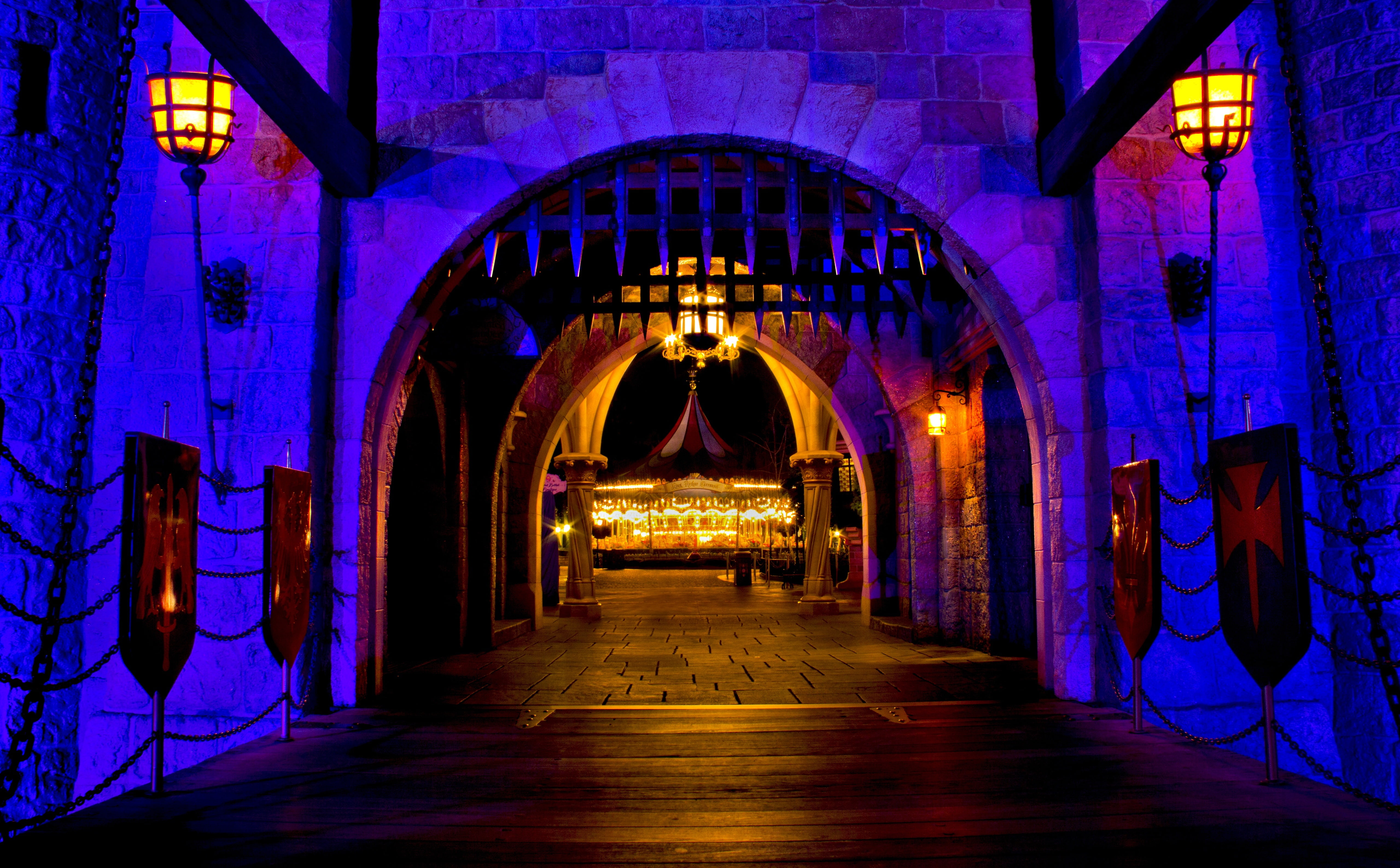 indoors, architecture, direction, metal, absence, religion, purple light, arched, amusement park, built structure, night, light, arch, empty, gray, entrance, HD Wallpaper