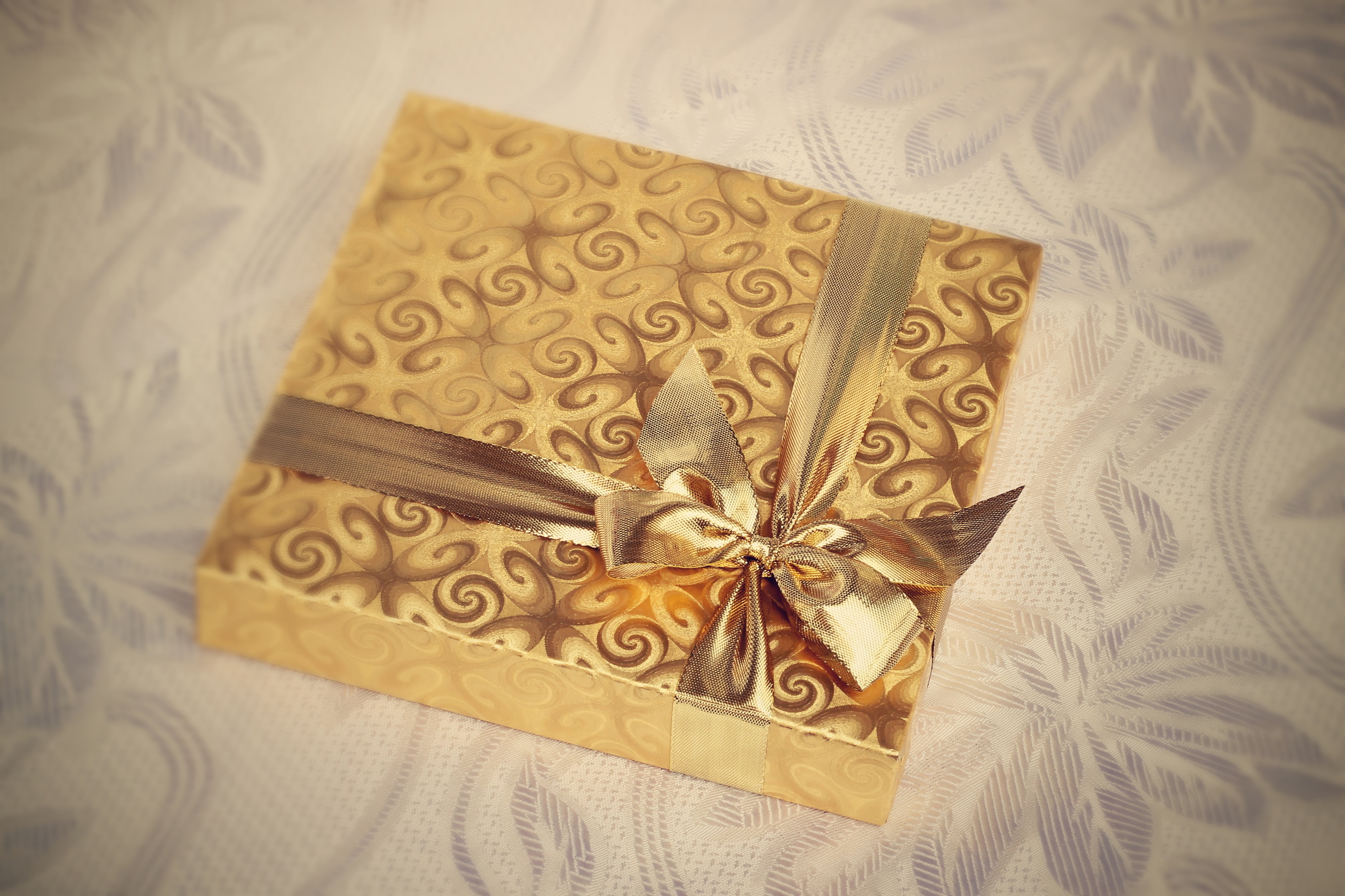 golden, no people, valentine, backgrounds, love, celebration, ribbon - sewing item, present, indoors, gift, package, yellow, close-up, season, background, HD Wallpaper