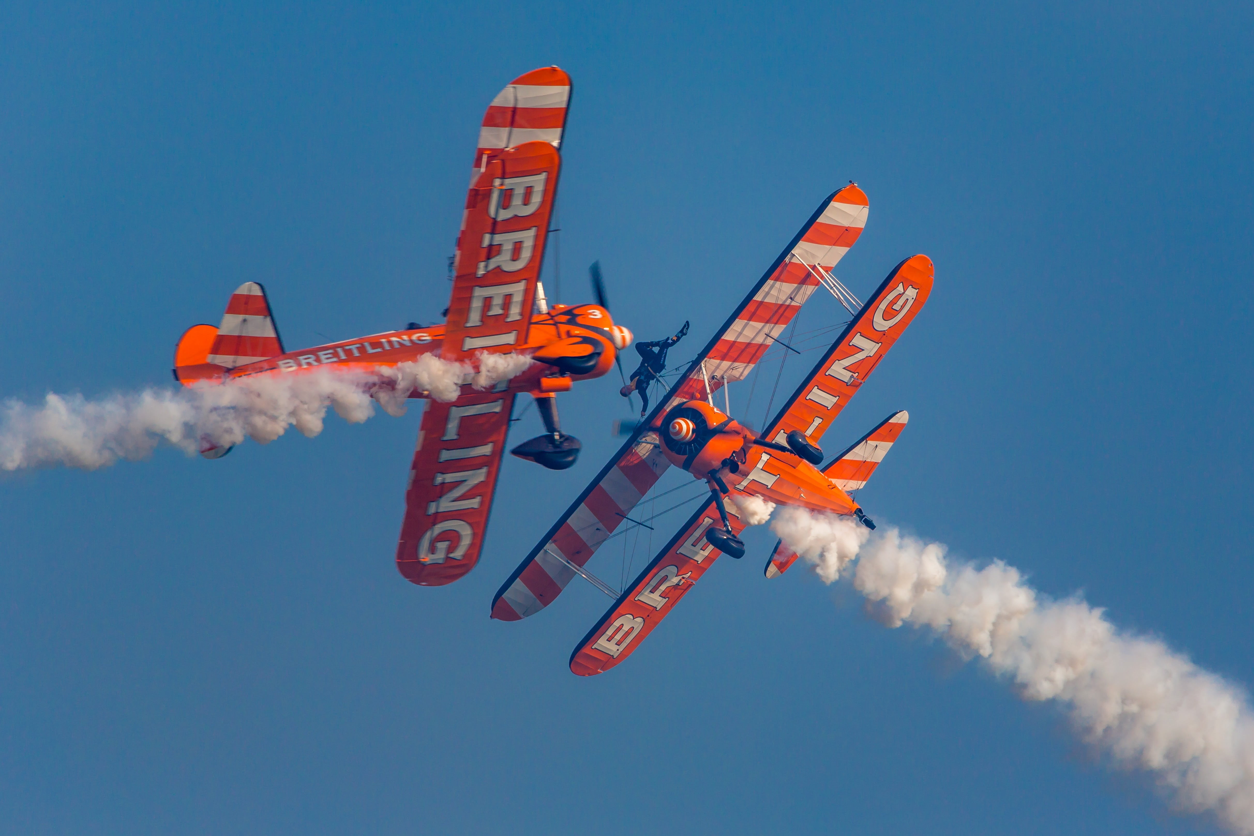 airshow, military, aircraft, smoke - physical structure, day, no people, mode of transportation, air show, aerobatics, 4K, breitling, entertainment event, HD Wallpaper