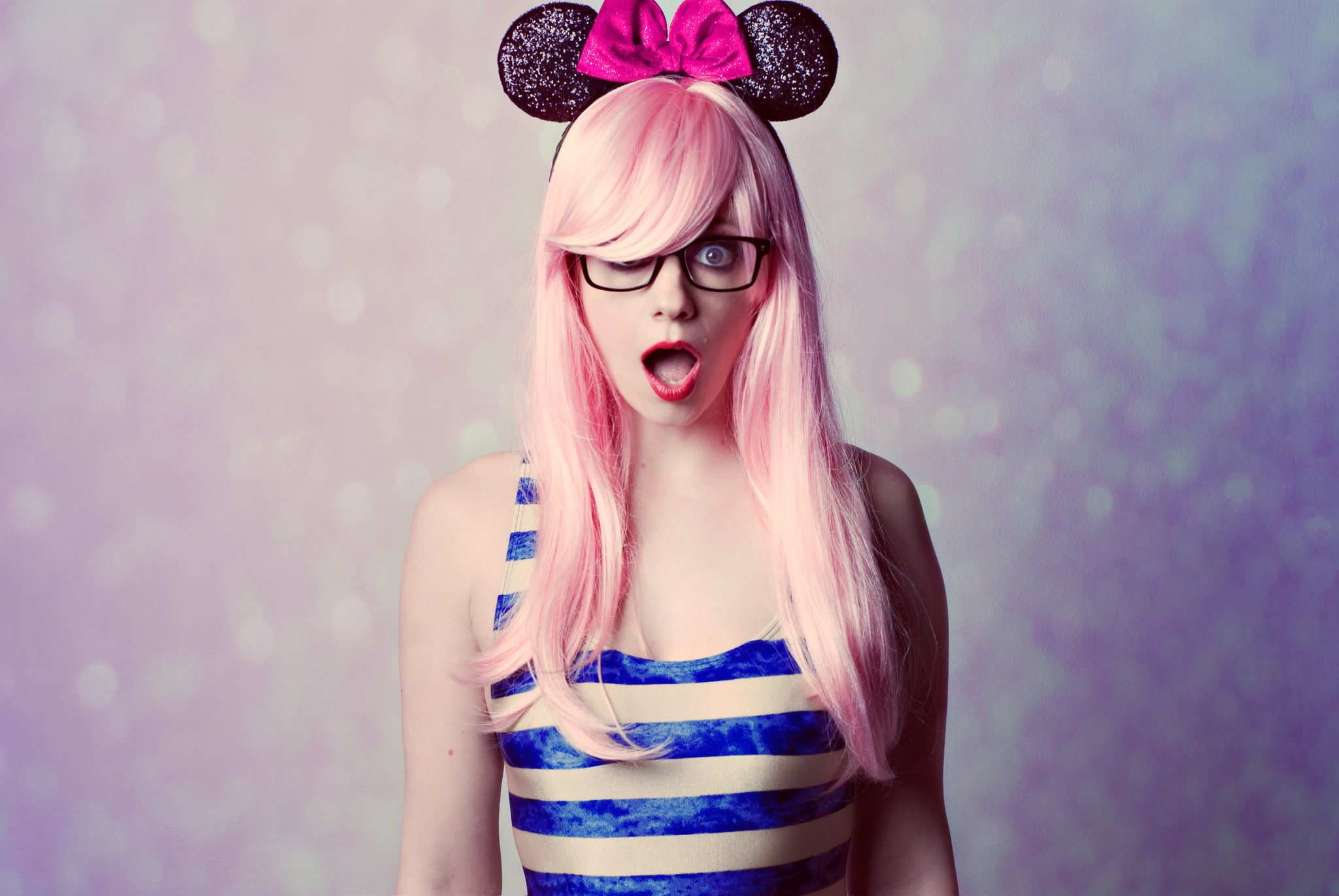 Mickey Mouse, beauty, front view, looking at camera, dyed hair, long hair, open mouth, one person, indoors, beautiful woman, hairstyle, pink hair, real people, HD Wallpaper