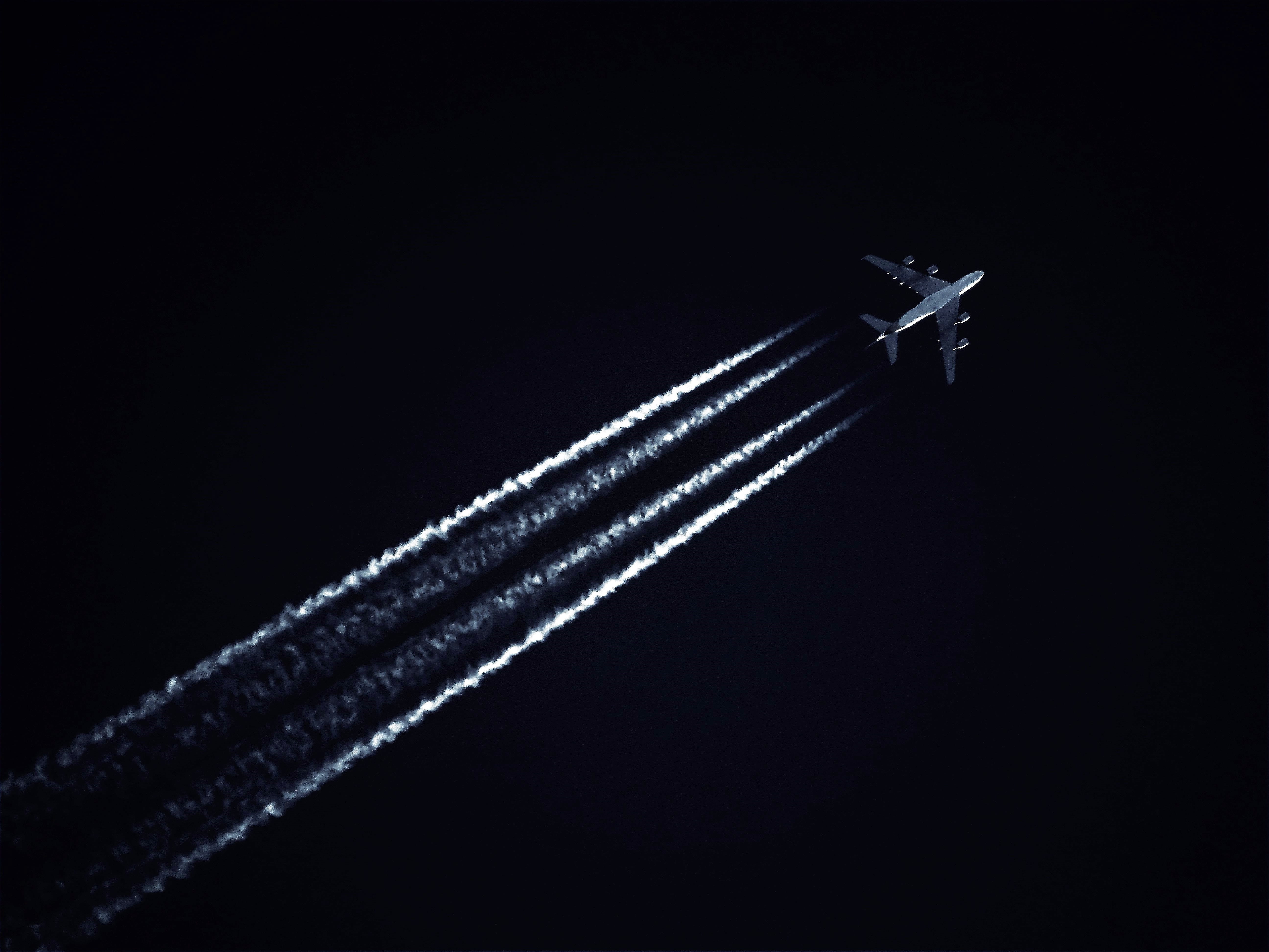 dark, aircraft, airplane, 5K, on the move, airshow, motion, silver colored, luxury, air vehicle, cut out, contrails, flying, photo, studio shot, copy space, HD Wallpaper