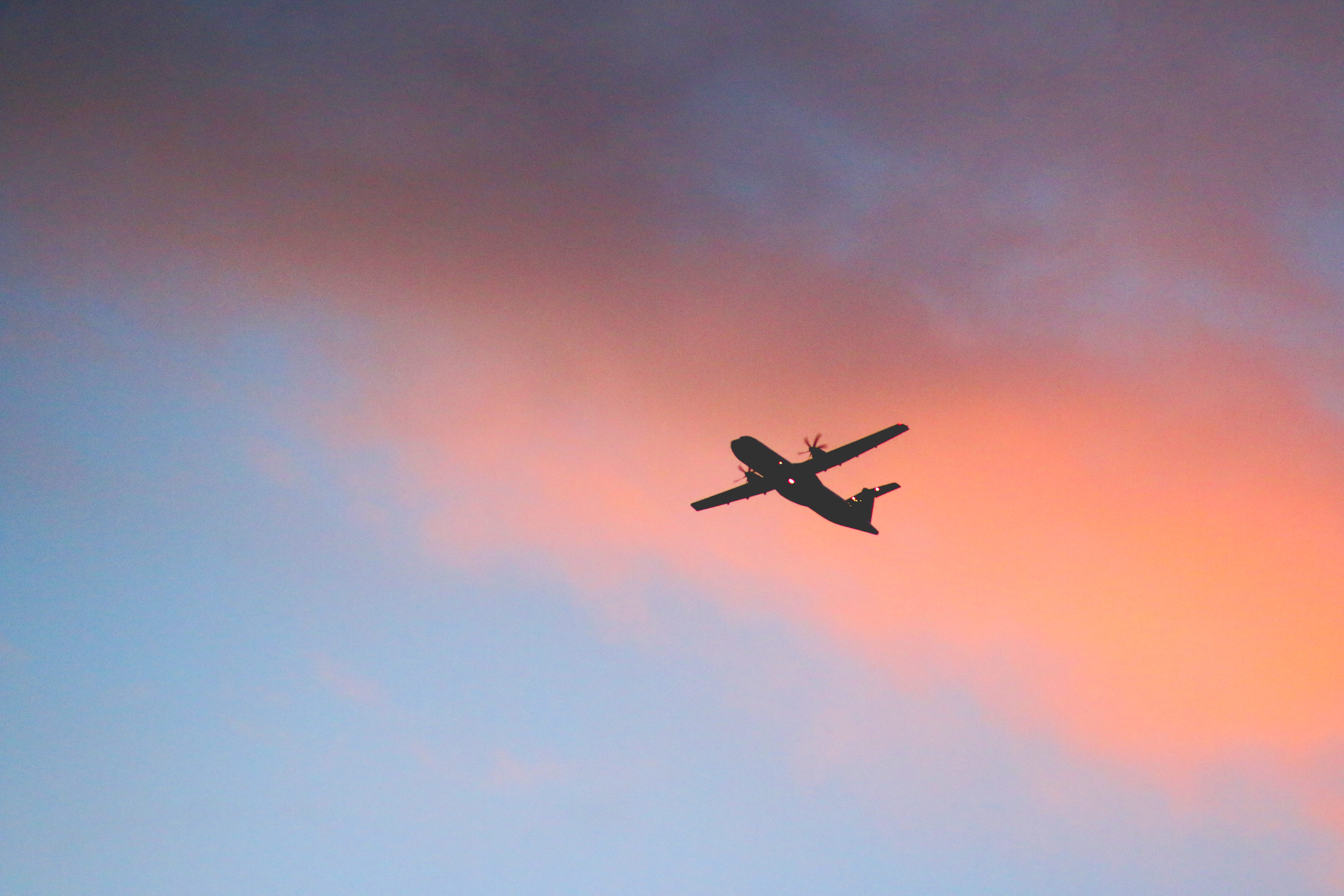evening sky, air vehicle, plane, aviation, golden, hour, mode of transportation, clouds, aircraft, travel, flight, silhouette, outdoors, cloud - sky, 5K, HD Wallpaper